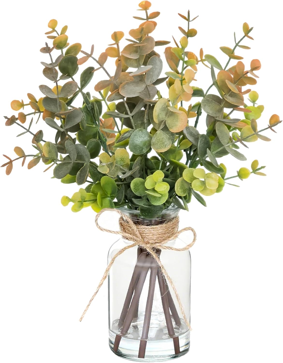 Piklado Artificial Eucalyptus Stems in Vase with Faux Water,Fake Plants for Bathroom,Coffee Table,Green Leaves for Centerpiece,Faux Greenery Plants Decorations.(Eucalyptus-Greyish Orange)