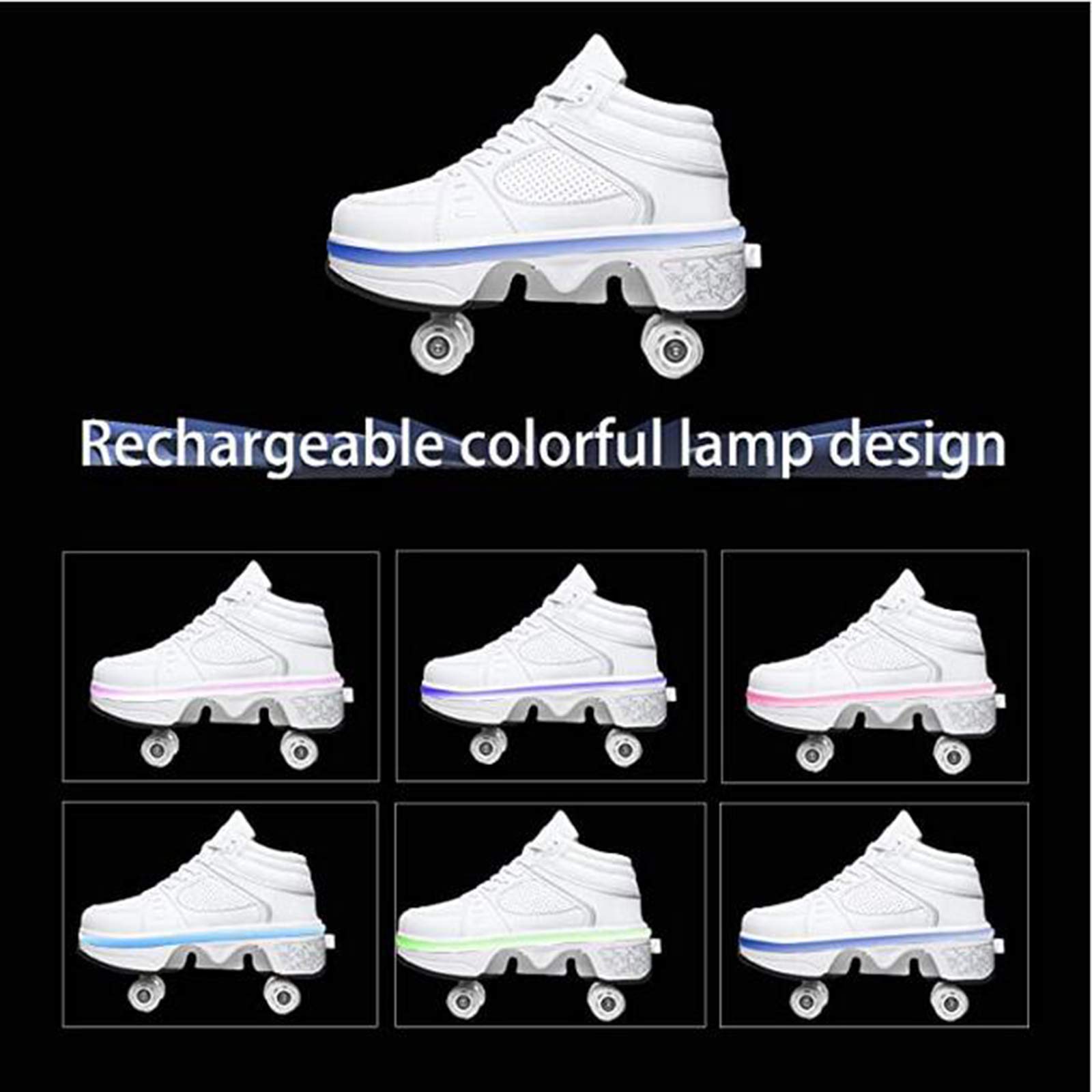 Chaussures à Roulettes 2-en-1 LED – Sneakers Roller Transformables Avec Roues Cachées Pour Enfants Garçons Filles – Blanc EUR33