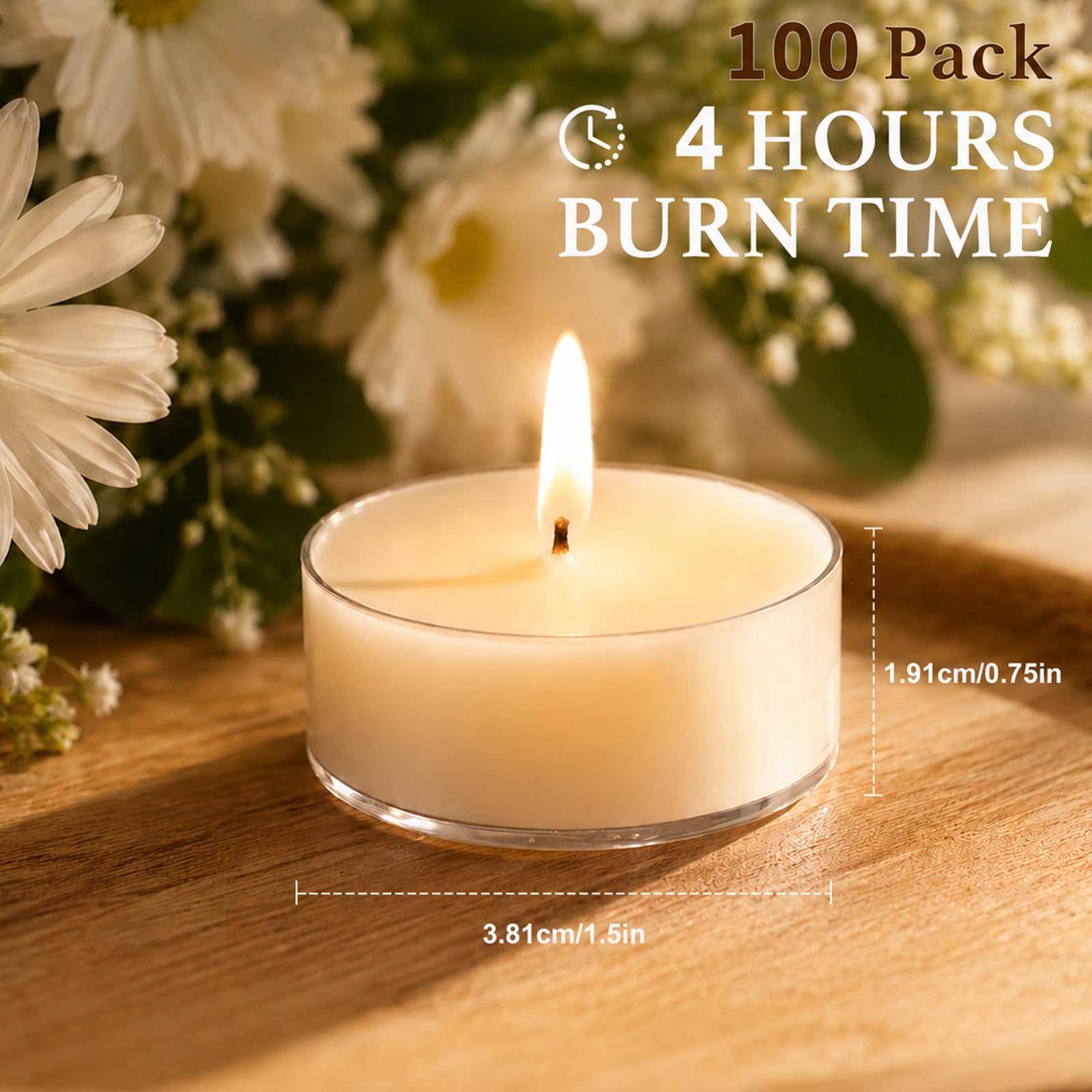 Candele tealight in cera di soia, 100 pezzi, durata 4 ore, candele bianche senza fumo, atossiche, senza paraffina, in acrilico trasparente, per matrimoni, casa, emergenze e cene