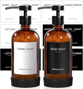 RYTOXILO Hand Soap Dispenser for Bathroom 2 Pack, Amber Glass Soap Dispenser with Stainless Steel Pump, 16.9 Fl oz Hand and Dish Soap Dispensers Set Kitchen, Modern Brown Soap Lotion Dispensers Bottle