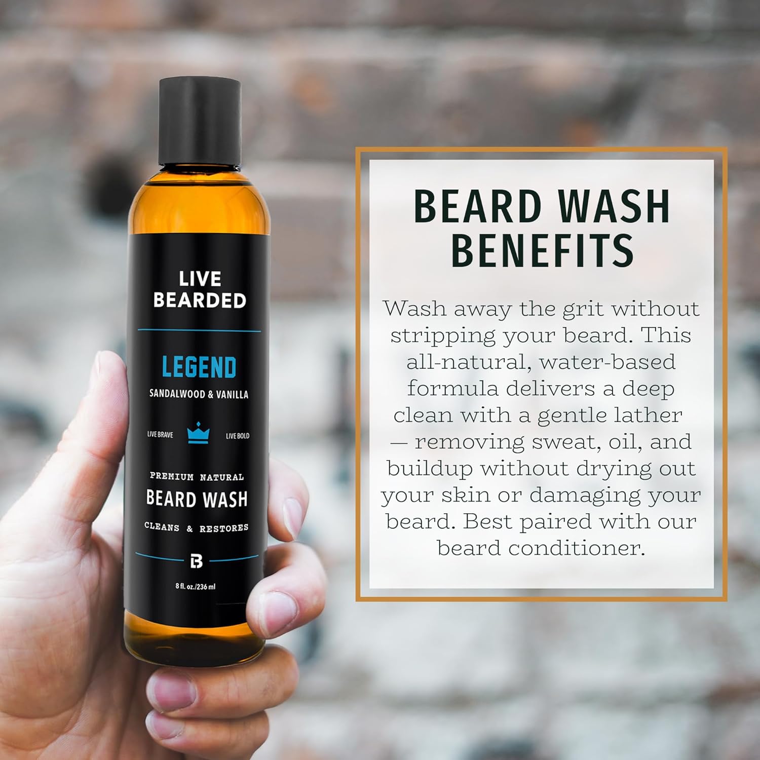Live Bearded Beard Wash, 8 fl oz - Water-Based Face Cleanser with All-Natural Ingredients for a Gentle, Deep Clean - Made in the USA | Legend Scent - Sandalwood, Vanilla - Image 3