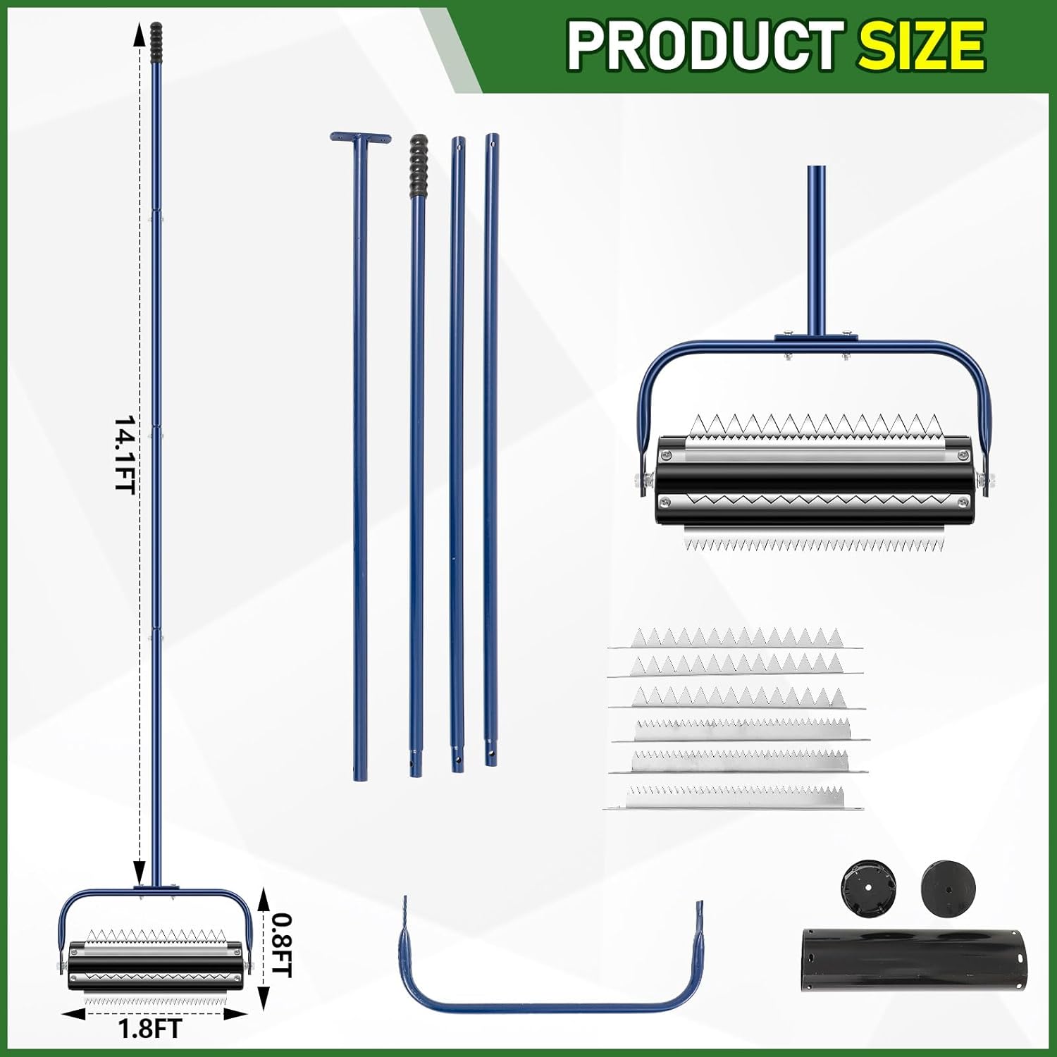 14 ft Roller Pond Rake Stainless Steel Lake Weed Removal Tool, Rid Weeds Roots and Muck Buildup, with 6 Pre Installed Stainless Steel Blades and 4 Aluminum Handles, Easy to Assemble, Blue