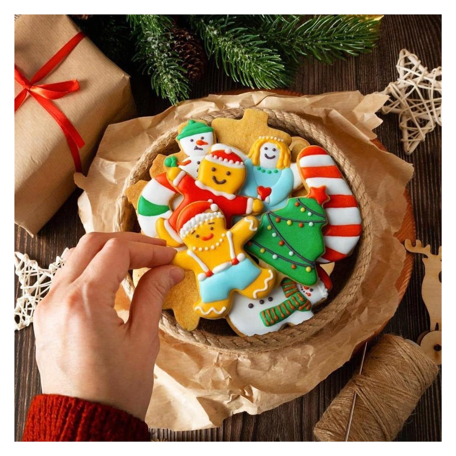 Juego de cortadores de galletas navideñas, 6 uds., moldes for galletas navideñas, Papá Noel, muñeco de nieve, árbol de Navidad, hombre de jengibre, bastón de caramelo, copo de nieve
