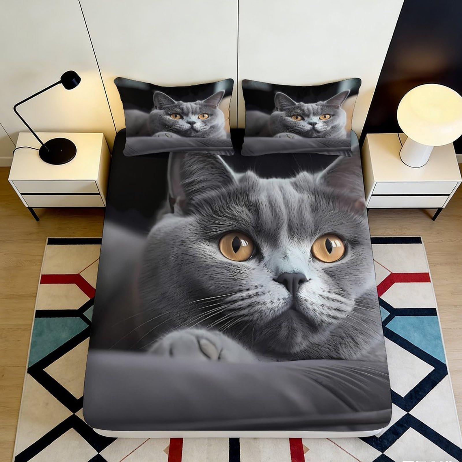 3D Printed Cat Fitted Sheet Microfiber Deep Pocket Bedroom Bedding Cat Mattress Fitted Cover Non-Slip Full Wrap Washable for Adults Teens 120x200x25cm
