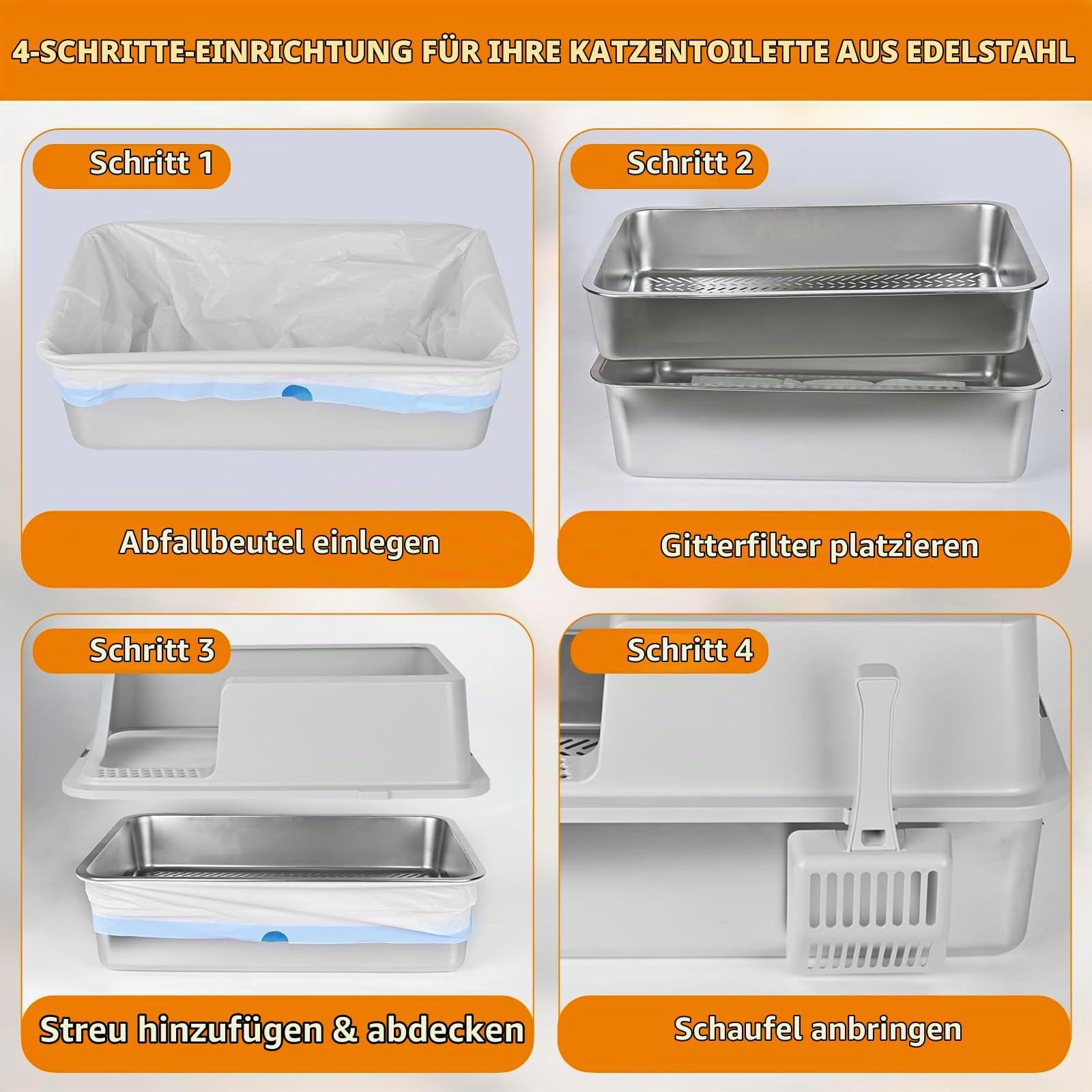 Homegroove Edelstahl-Katzenstreukasten für Kiefernpellets, 60 x 40 x 20 cm, hoher Rand, Metall-Katzenstreukasten mit Deckel für Wohnungskatzen, mit Kunststoffschaufel und 10 Urinpads (8 Inch)