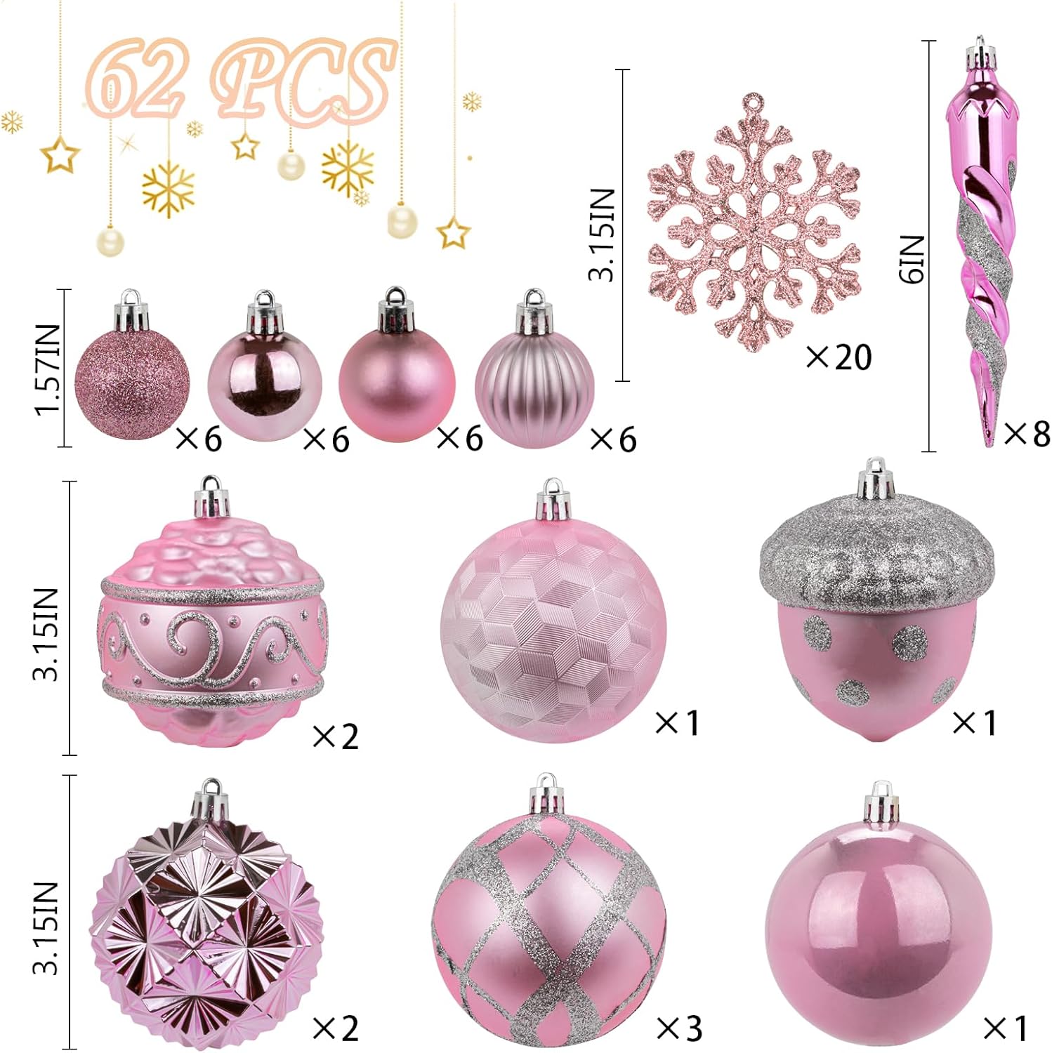 62pcs Pink Christmas Balls Ornaments Set - 3.15" Big Christmas Balls - Shatterproof Plastic Decorative Baubles for Xmas Tree Decor Holiday, Wedding, Party Decoration (Pink) - Image 5