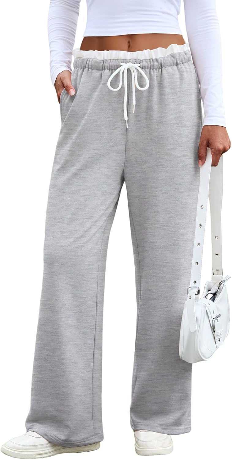 Anbech Wide Leg Sweat Pants for Womens 2025 Low Rise Drawstring Baggy Sweatpants Casual Lounge Pants Joggers with Pockets