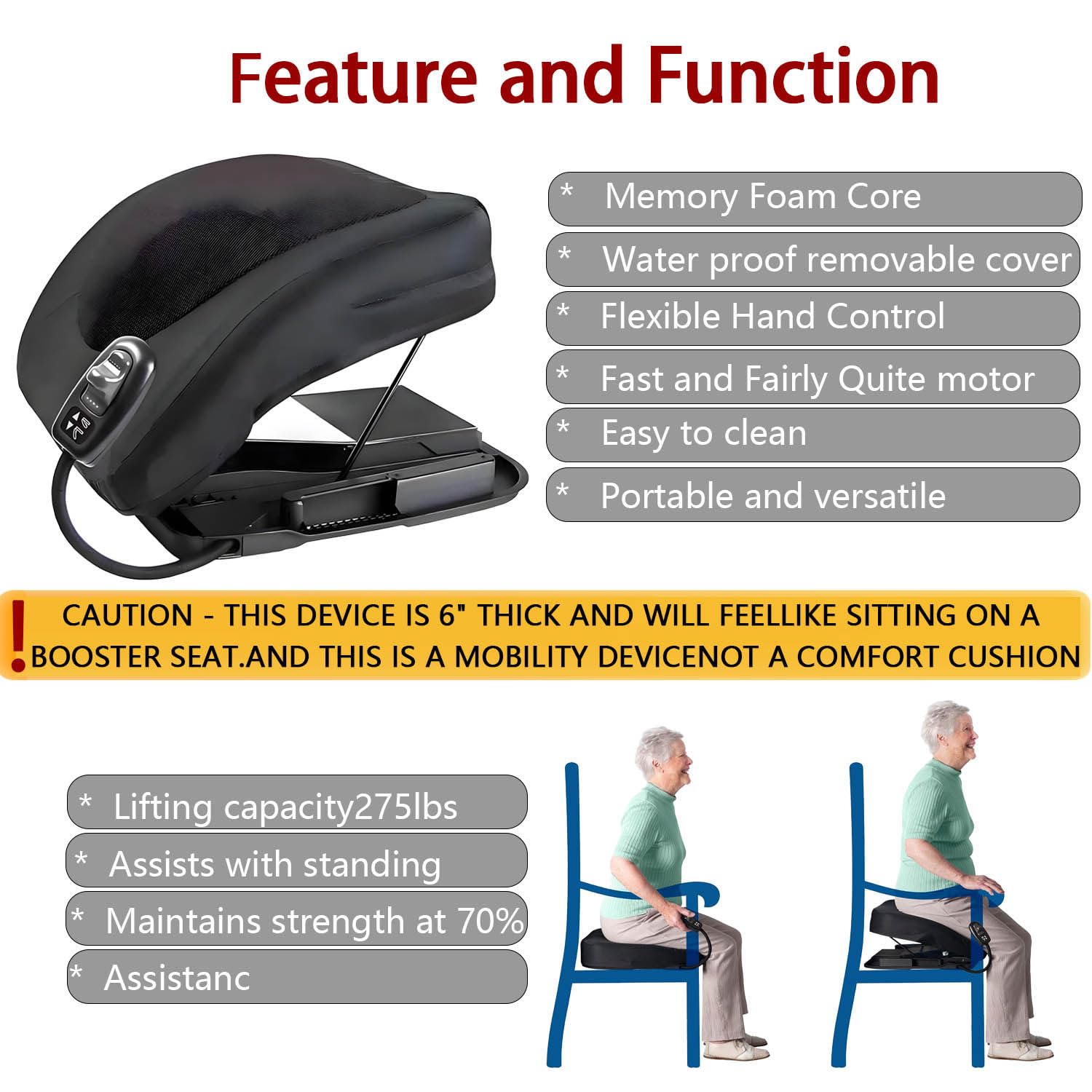 Cuscino Elettrico per la Mobilità Easy Lift, Lift Assist Sea, per sostenere in Sicurezza Fino a 124 kg/275 libbre, per Problemi muscolari, Ginocchia deboli, Anziani