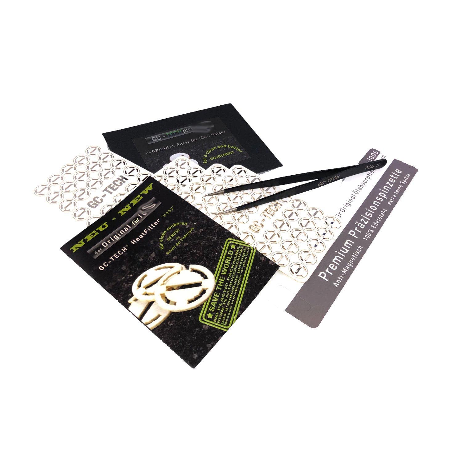 GC-TECH® Set Original Heat Filter "Easy" + Precision Tweezers Compatible with IQOS Holder 3 2.4 Plus Duo - Oil Absorption Cushion for Clean Enjoying and Protection of Electronics 128 Pieces + Tweezers
