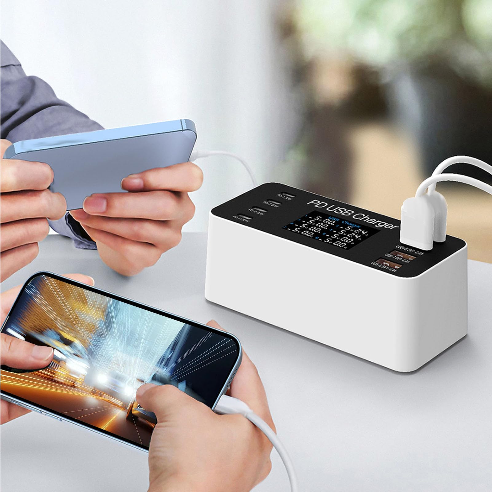 Ejoyous Chargeur USB C Multiple 65 W, Station de Charge USB 8 Ports, 4 Ports et 4 Ports USB-A avec écran LCD, Distribution D'énergie Intelligente QC3.0 PD30W, Charge Rapide (Prise UE)