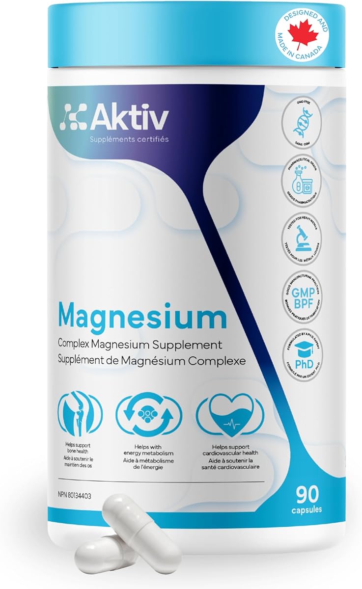 Jimmy Sevigny Aktiv Complex Magnesium Supplement, 90 Capsules – 4-in-1 Absorbable Forms: Taurate, Bisglycinate, Malate, Aspartate. Supports Relaxation, Muscle Recovery & Heart Health. Made in Canada