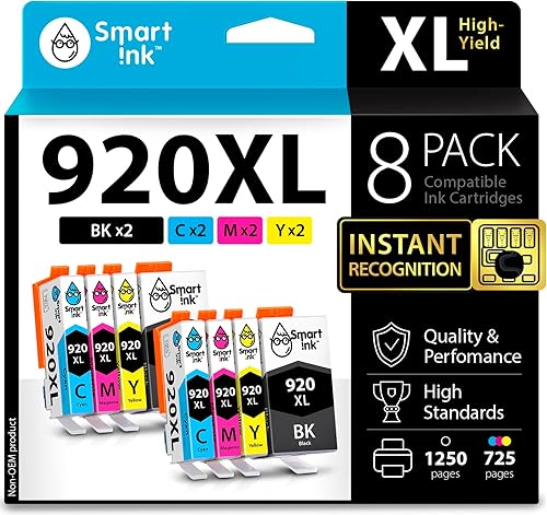 Smart Ink Cartucho de tinta de repuesto compatible para HP 920 XL 920XL (2 negros, 2 cian, 2 magenta, 2 amarillos, 8 paquetes combinados) para usar