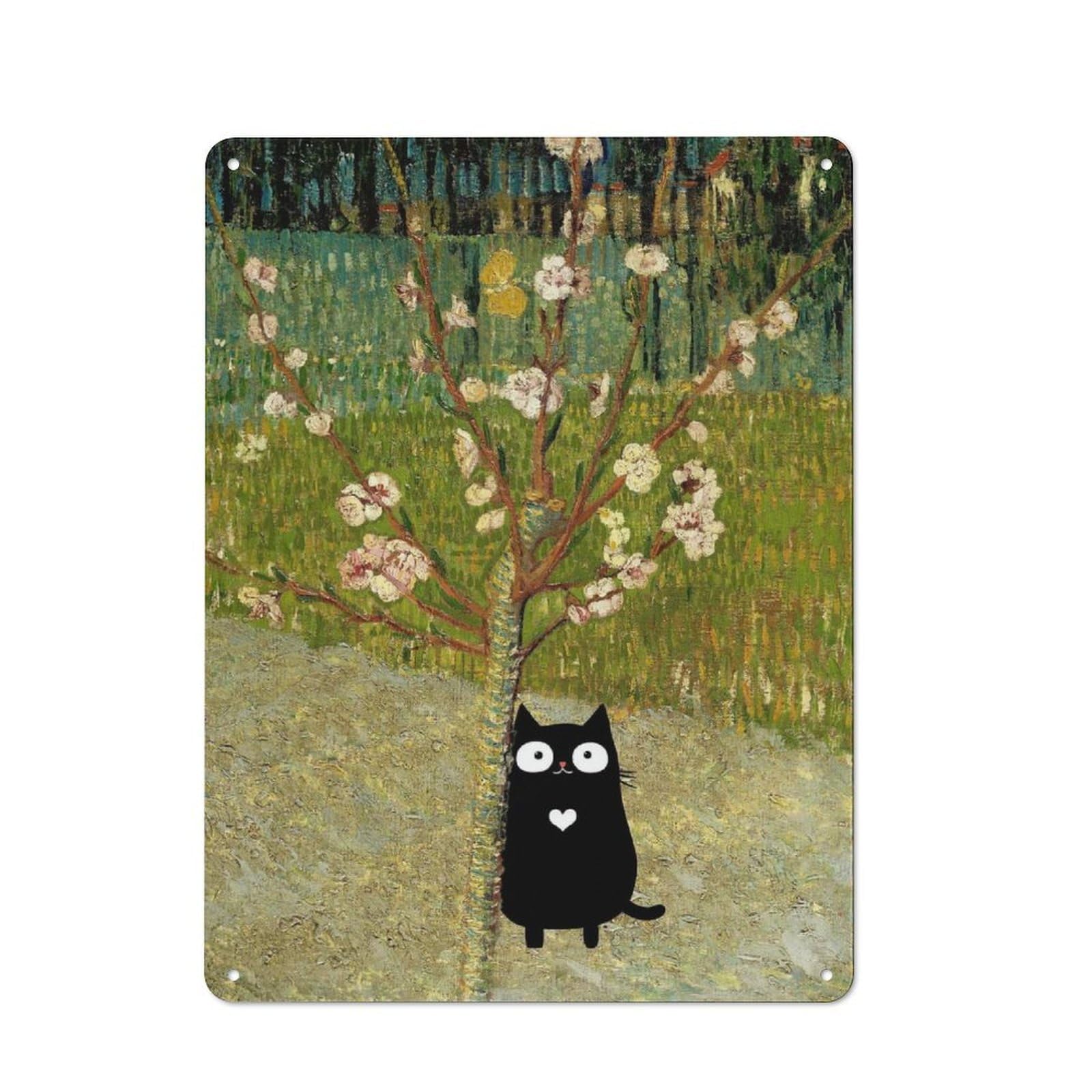 Junmoney Style-16 Vintage Tin Sign 40X30cm With Black Cat Van Gogh Almond Tree For Bar Or Restaurant, Suited To Bar Decor Enthusiasts