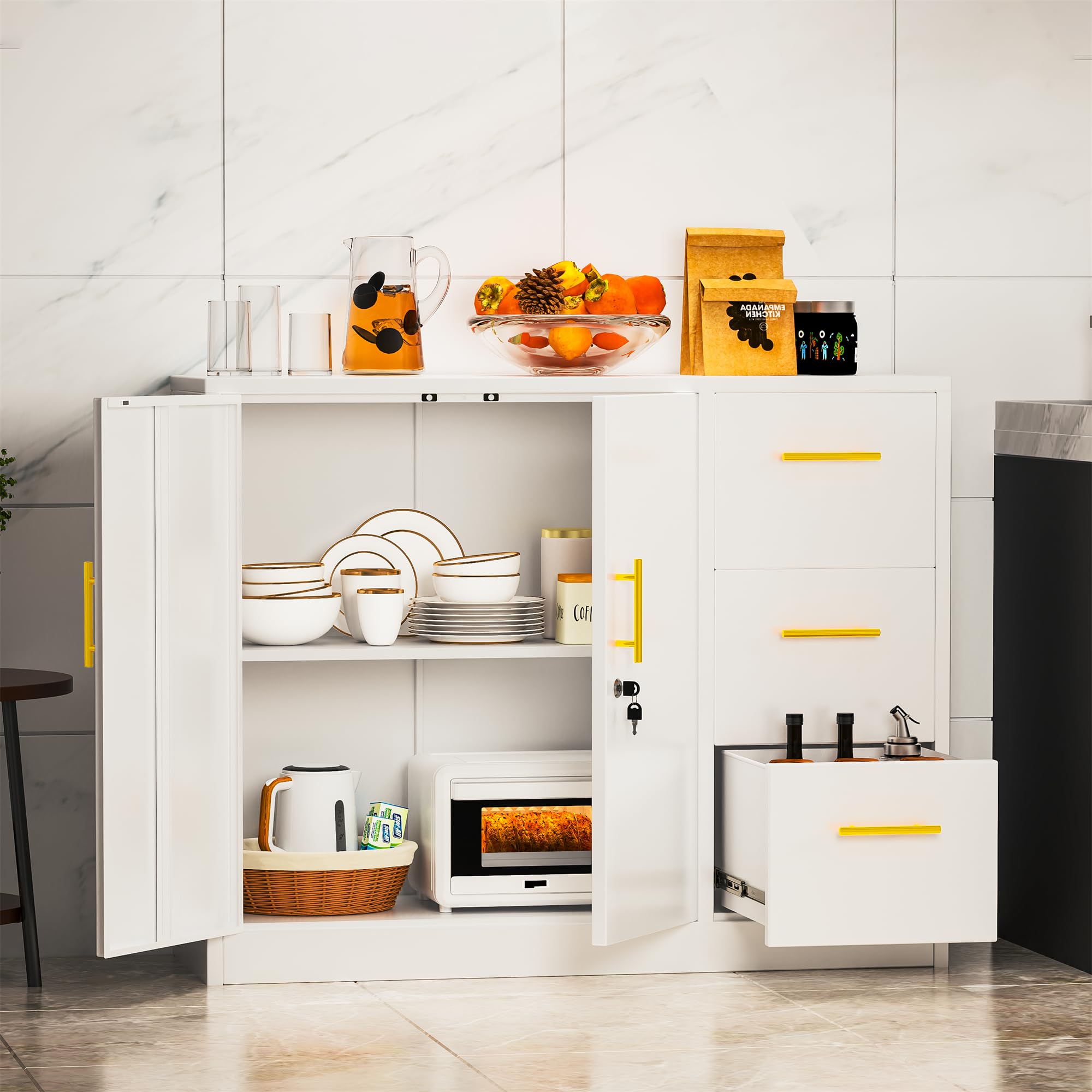 Large Metal Sideboard Buffet Cabinet with 2Doors and 3Drawers,Cupboard Console Coffee Wine Bar,lateral File Cabinet with Lock,Storage Accent Cabinets