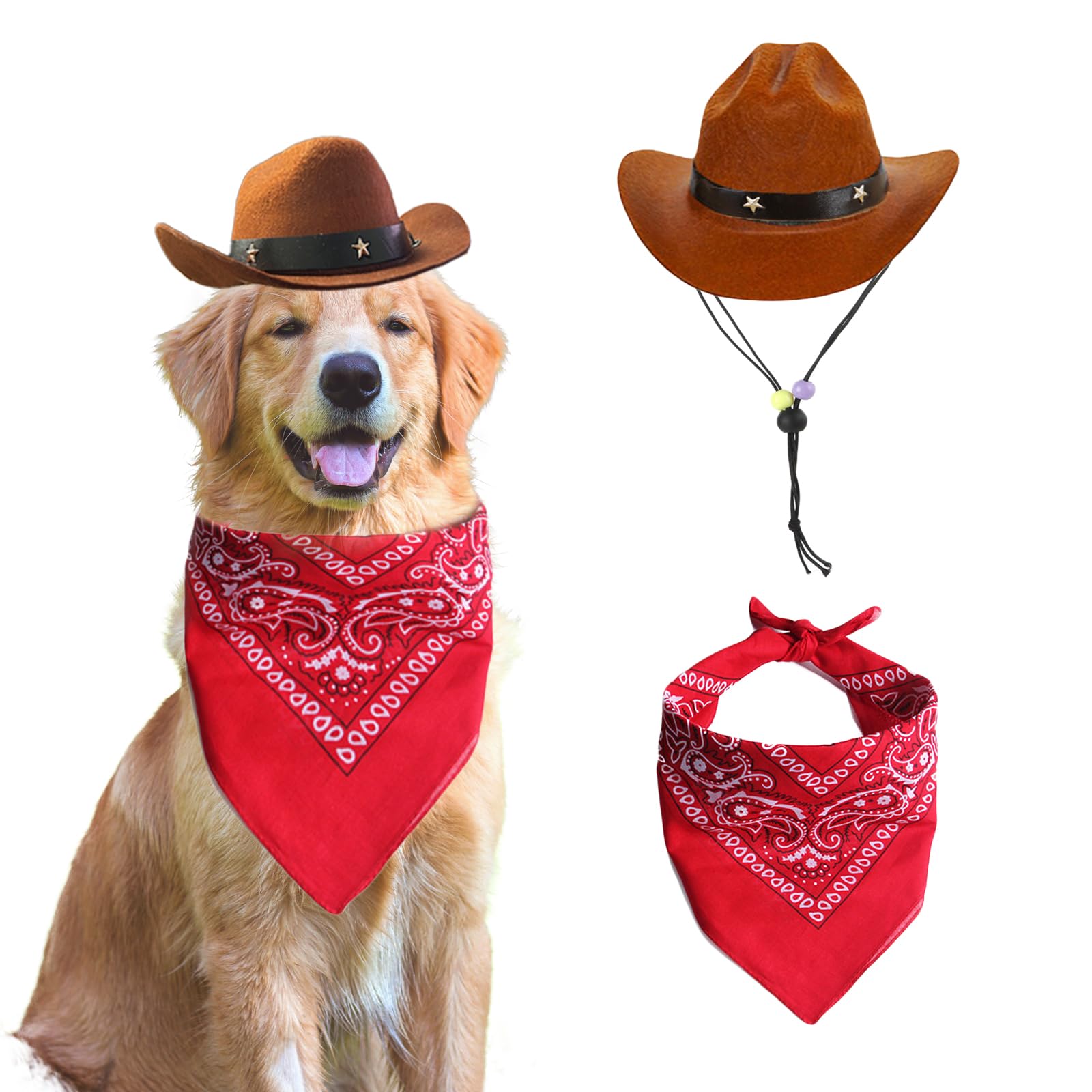 Kowbojski kapelusz i bandana, szalik, pies, kot, sombrero, szczeniak, kostium, cosplay, czapka, szczeniak, pies, kot, wakacje, dekoracja na imprezę dla zwierząt domowych, kawowa