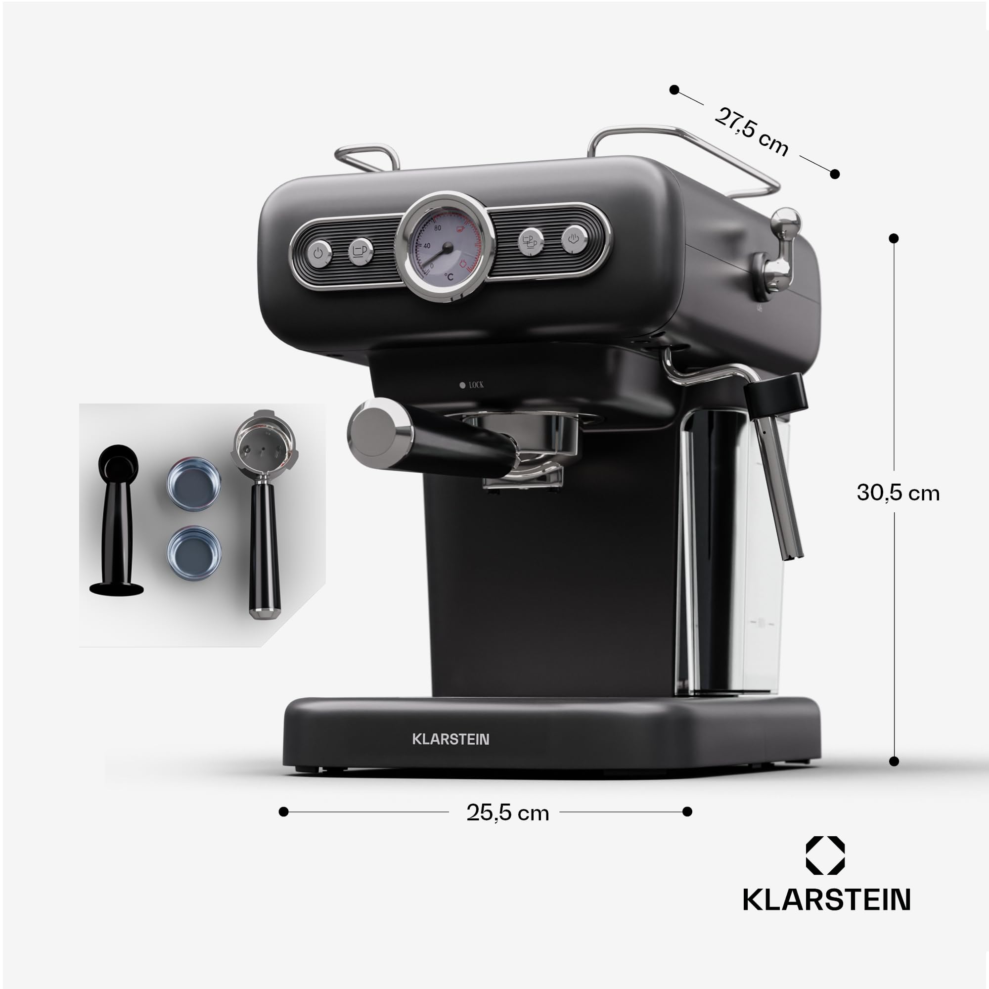 KLARSTEIN machine à expresso porte-filtre avec mousseur à lait, mini machine à expresso rétro 1,2 L avec porte-filtre, petite à café 950 W, à café en acier inoxydable pour