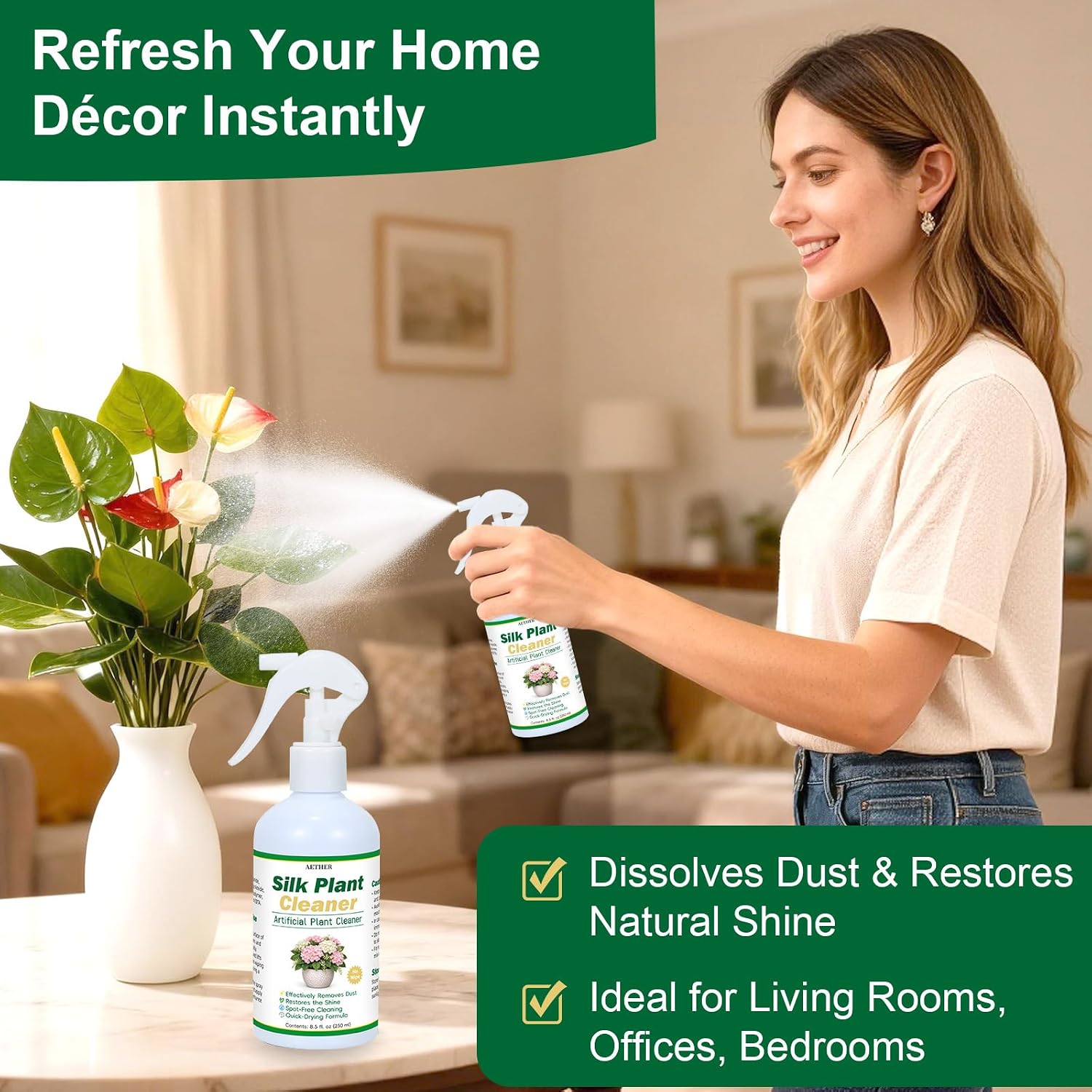 AETHER Silk Plant Cleaner Spray No Wipe, Artificial Plant Cleaner for Fake Plants & Flowers, Quick-Dry Dust Remover for Silk Flowers, Restores Shine Spot-Free Fake Greenery Plant Cleaning Spray image 3
