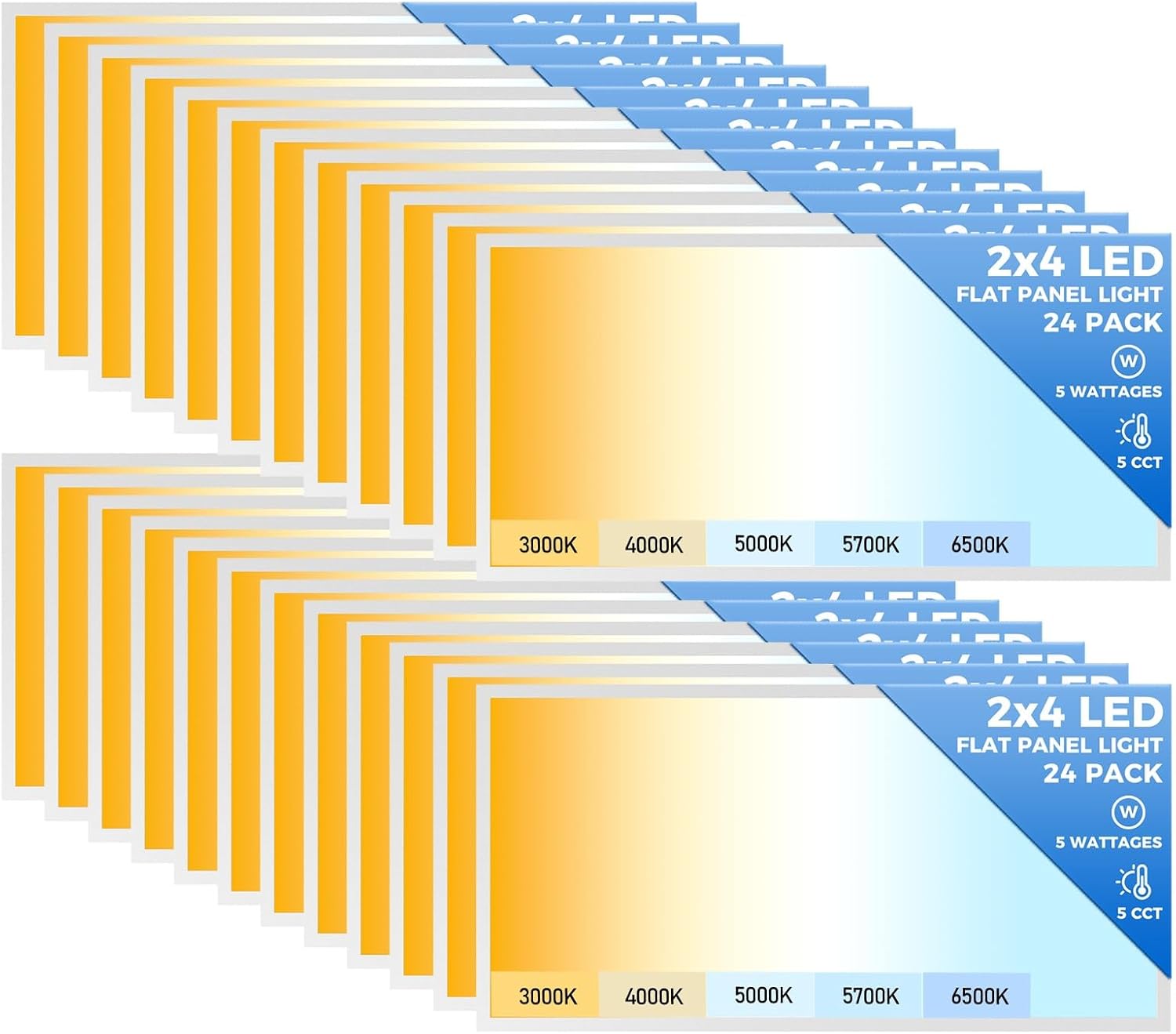 24 Pack 2x4 LED Flat Panel Light, Dimmable Office Kitchen Recessed Drop Ceiling Light Fixture, 9100LM,Switchable 5 CCT 3000K/4000K/5000K/5700K/6500K & 5 Wattages 30W/40W/50W/60W/70W