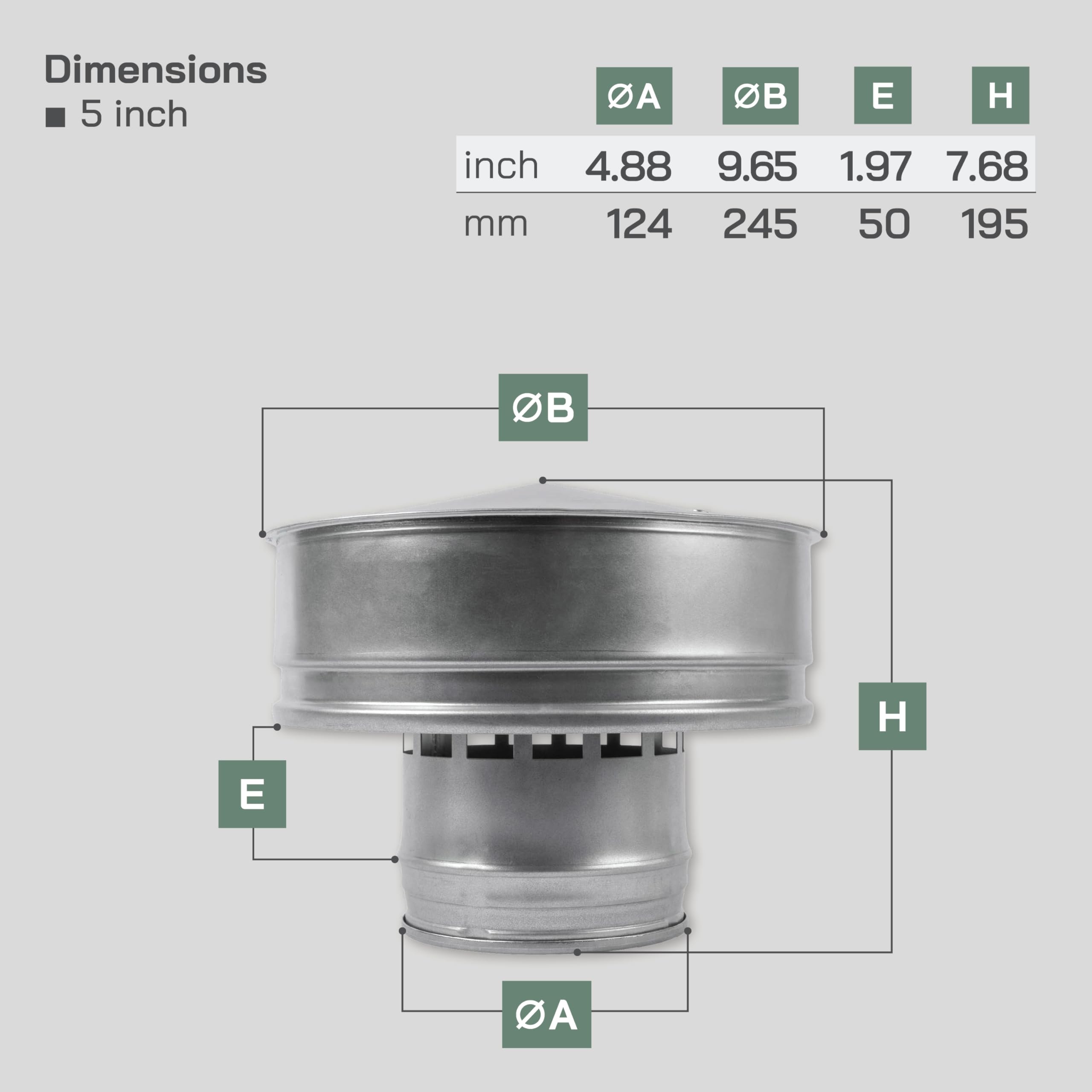 Vent Systems Tappo di sfiato rotondo da 125 mm, in acciaio zincato, con protezione antivento, resistente alle intemperie, per tubi di scarico, stufa, camino, uso esterno