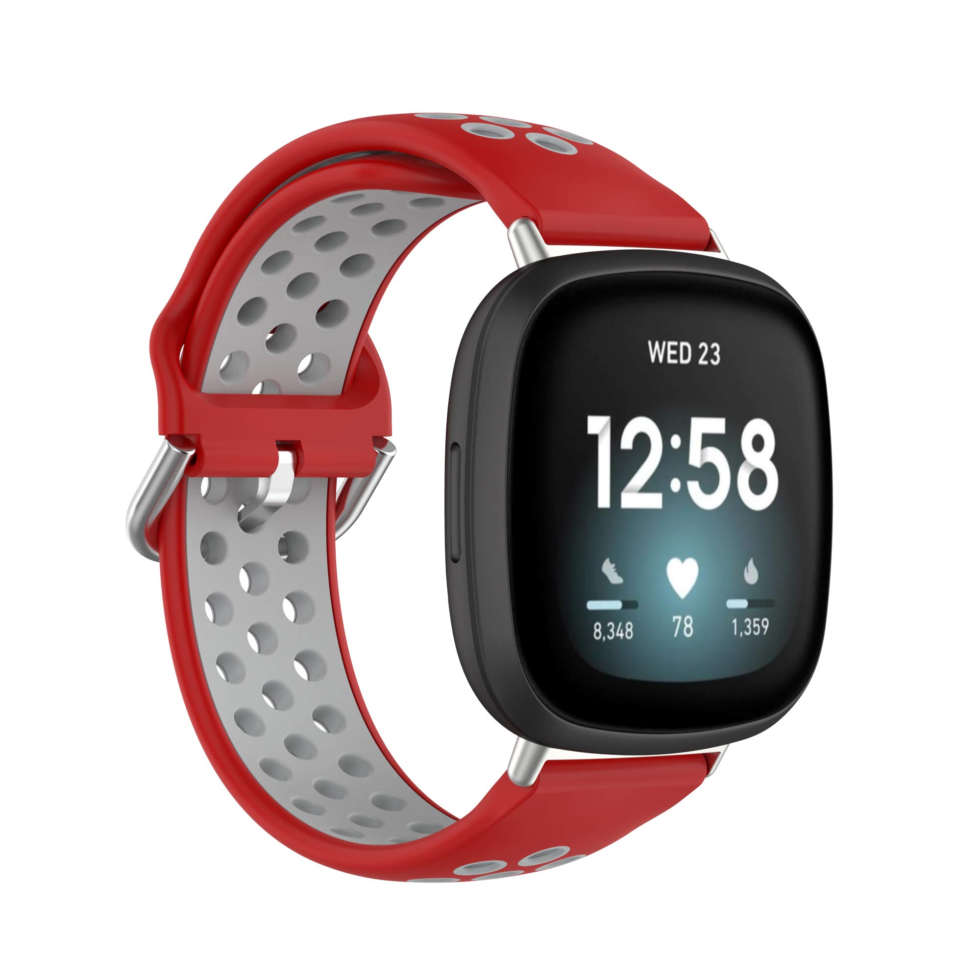 GUKUCA silicone strap is suitable for Fitbit versa 4/versa 3, and metal buckle silicone strap is suitable for Fitbit sense 2/sense. (Red/Grey)
