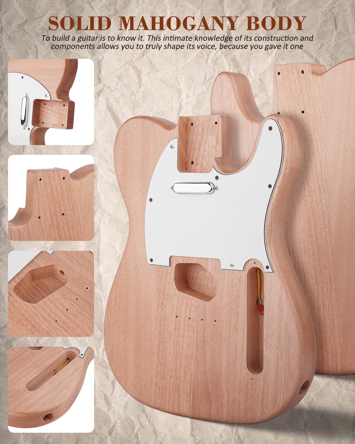 STRICH DIY E-Gitarre Kit, TL-Style Mahagonikorpus & Ahornhals mit SS-Tonabnehmern, einfach zu montierendes Kit mit allen Teilen - bauen Sie Ihre eigene E-Gitarre STL-D10