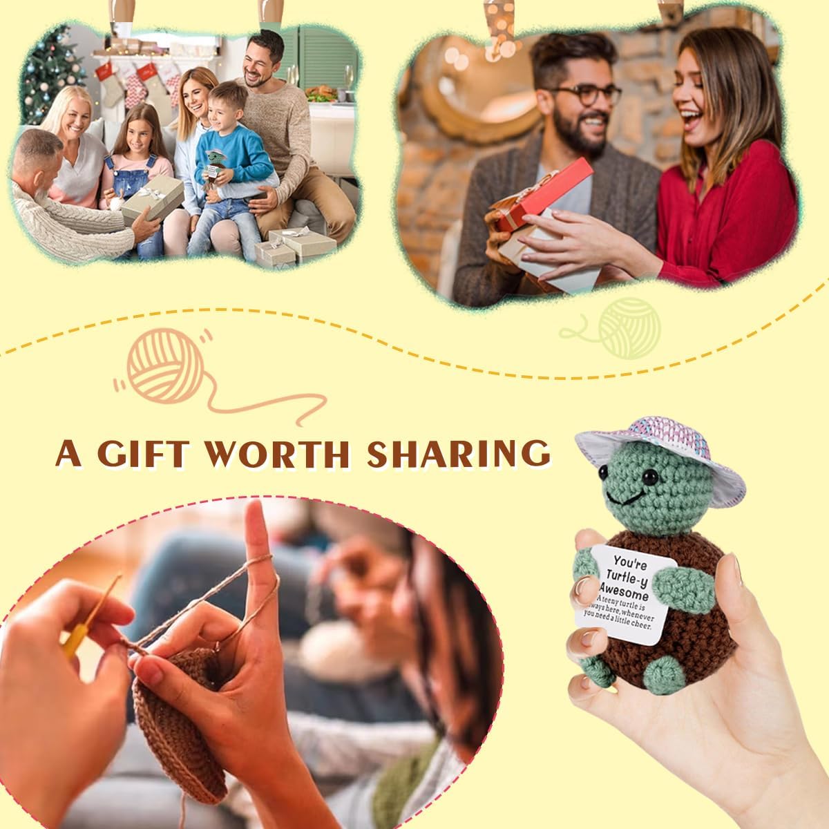 Gifts for Him Her, Positive Crochet Animals, Card Conten: You're Turtle-y, Awesome A Teeny Turtle is Always Here, Whenever You Need a Little Cheer, Encouragement Gifts for Women Men