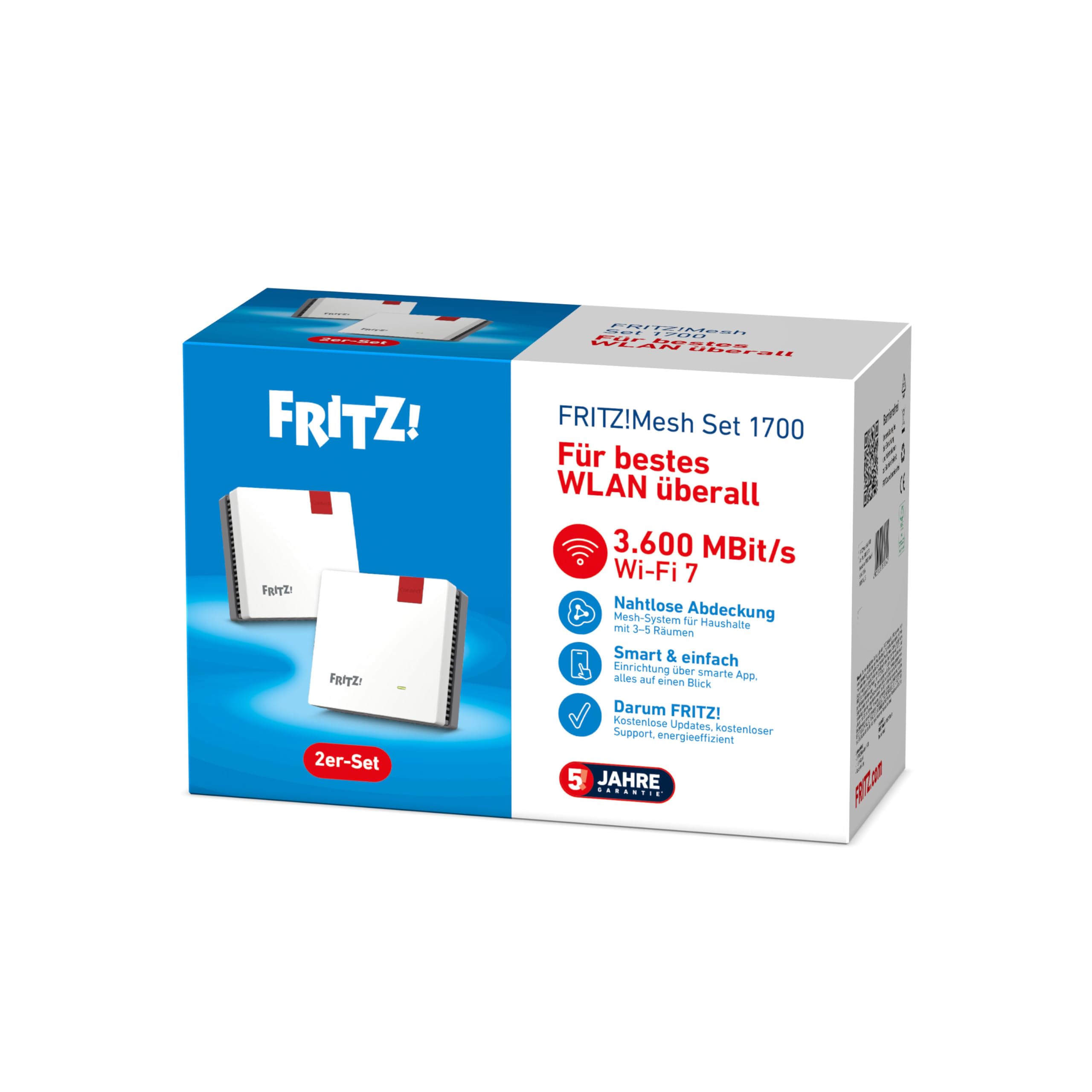 FRITZ!Mesh Set 1700 2er-Set | schnelles Wi-Fi 7 bis zu 3.600 MBit/s | WLAN-Abdeckung für 3-5 Räume | ideal für Internetrouter oder Glasfasermodem (ONT) | einfache Einrichtung | Made in Europe