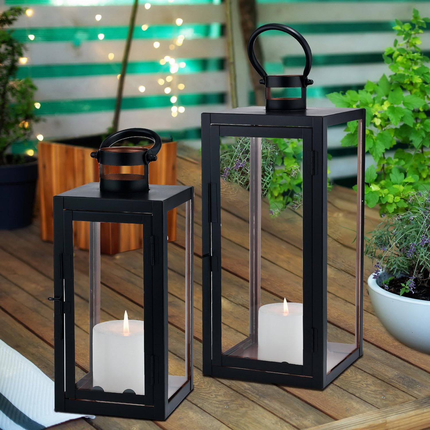 2er Set Moderne Laterne Marra aus Metall und Glas schwarz 39 cm Deko
