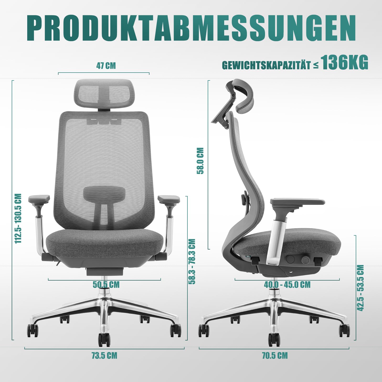COLAMY XK Atlas Ergonomischer Netz-Bürostuhl, Chefsessel mit hoher Rückenlehne, Verstellbarer Kopfstütze und 4D-Armen, Schiebesitz, Kippsperre, Aluminium-Basis, Dunkelgrau