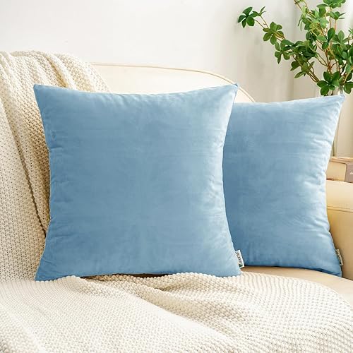 HWY 50 fundas de almohada decorativas de terciopelo sólido para sofá, sala de estar., Terciopelo, Azul claro, 18x18 pulgadass