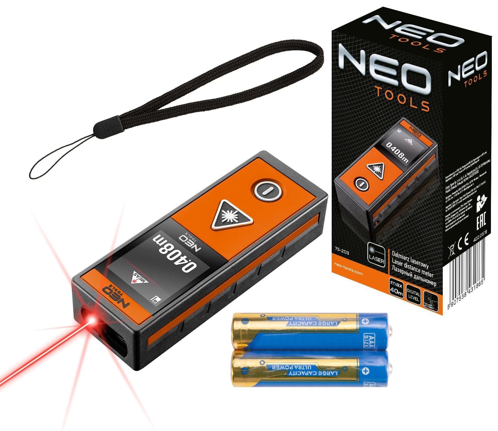Medidor de distancia NEO 40m, pantalla táctil con láser