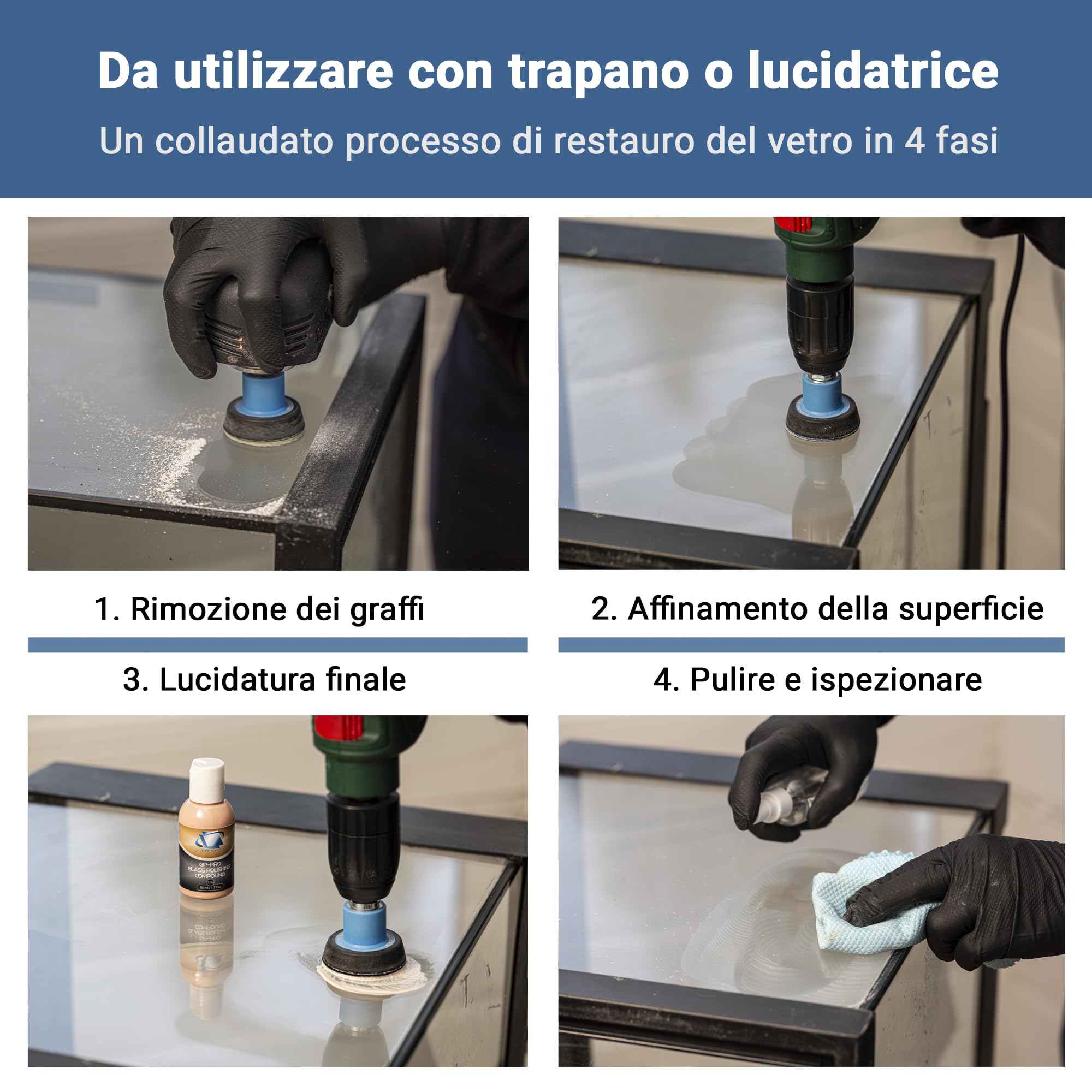 GLASS POLISH DIY Kit di Rimozione Graffi su Vetro 50 mm per Lucidatura Efficace con Trapano o Lucidatrice, Ripara Graffi Profondi, Elimina Danni Superficiali e Ripristina Chiarezza e Brillantezza