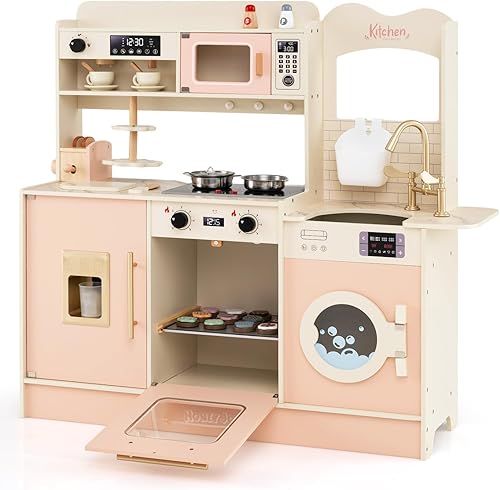 Miniatura 37 de HONEY JOY Juego de cocina para niños, cocina de juego de madera para niños pequeños, máquina de hielo y cafetera, estufa, grifo, microondas, armario