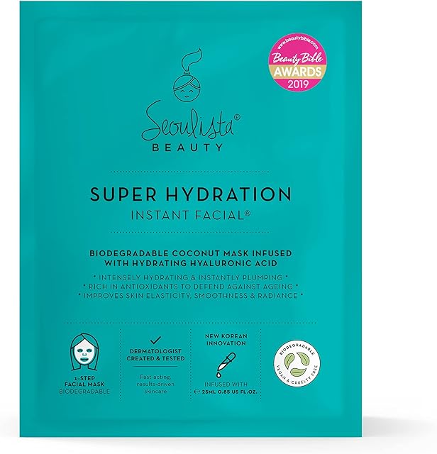 Seoulista Beauty Super Hydration Instant Facial  Hydrating Beauty Face Mask for Dry Skin - Infused with Hyaluronic Acid and Coconut  Dermatologist Created Korean Skin Care  Multi-Award Winning