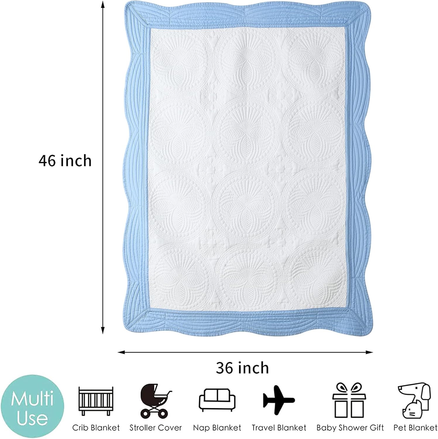MONOBLANKS Baby Quilt Personlized Monogram Lightweight Embossed Scalloped Throw Blanket Four Seasons (White-Blue Trim)