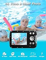 Vista 2 de Cámara subacuática 4K 48MP Autofocus Selfie Cámara impermeable de doble pantalla con correa flotante y tarjeta de 32 GB, cámara digital compacta