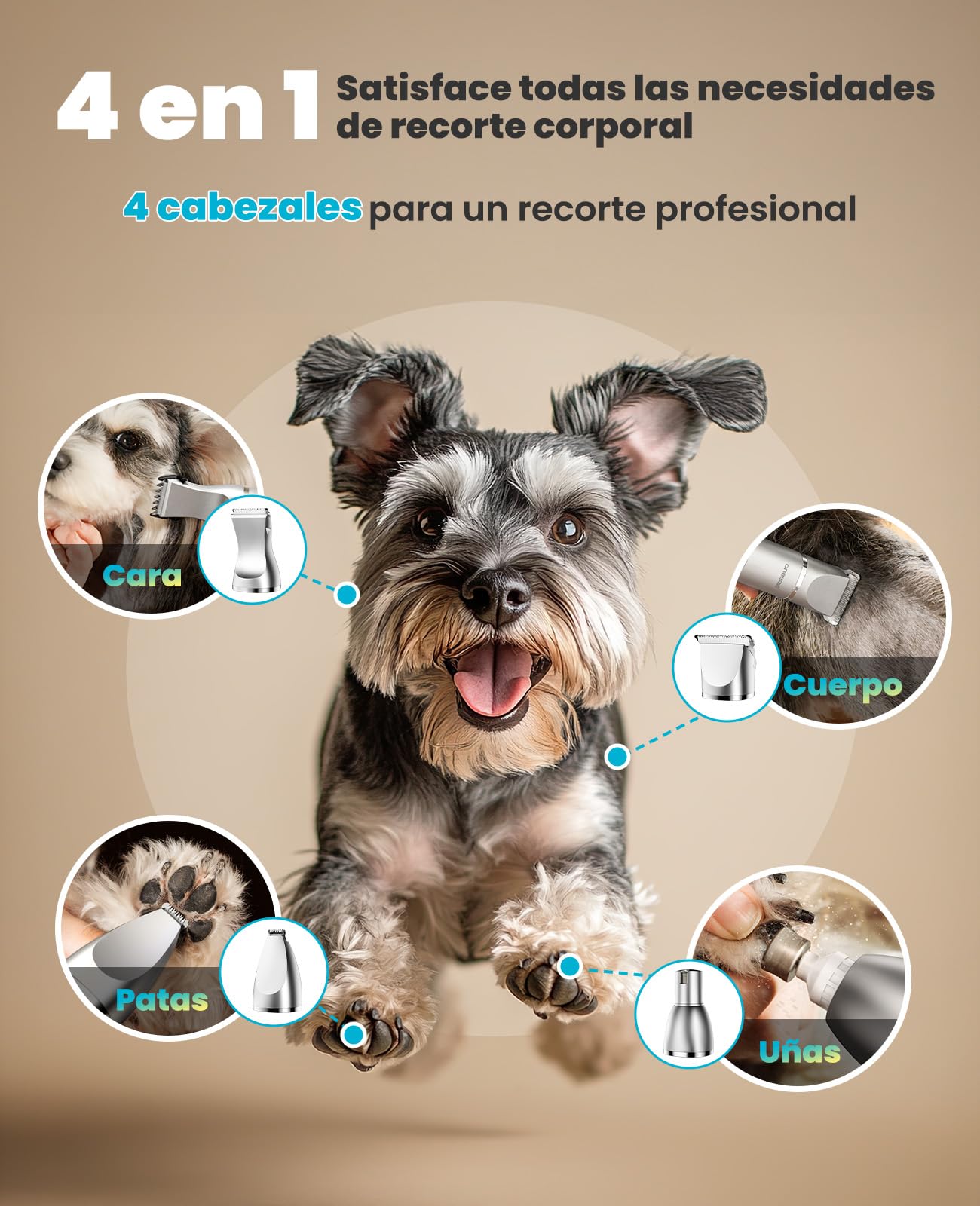 oneisall 4 en 1 Silencioso Maquina cortar pelo perros y Gatos, Impermeable IPX7 Cortapelos Perros, Profesional Maquina de Cortar pelo Perro&Cortapatas&Pulidora para Cuerpo, Patas, Ojos, Orejas y Cara