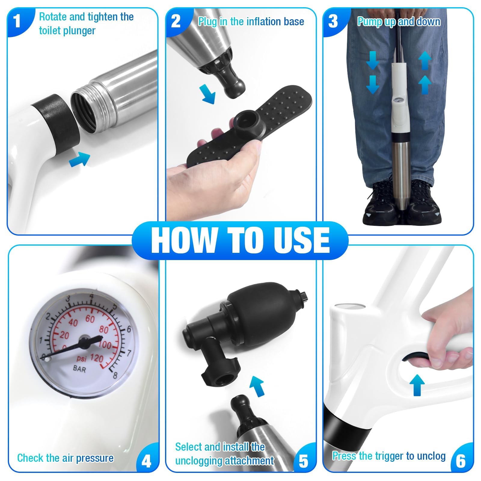 Deboucheur WC, 4-en-1 à Air Comprimé Ventouse Haute Pression Piston Puissant, Toilette/Évier/Baignoire, Anti-Bouchons Cheveux/Papier, avec 3 Têtes Remplaçables + Baromètre + Gonfleur