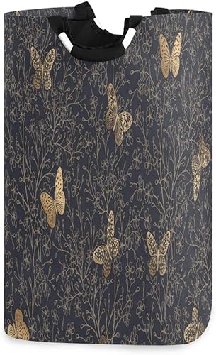 Kigai Cesta de lavandería con diseño de flores de mariposa, plegable, impermeable, con asas, cesta de almacenamiento portátil, ropa sucia,
