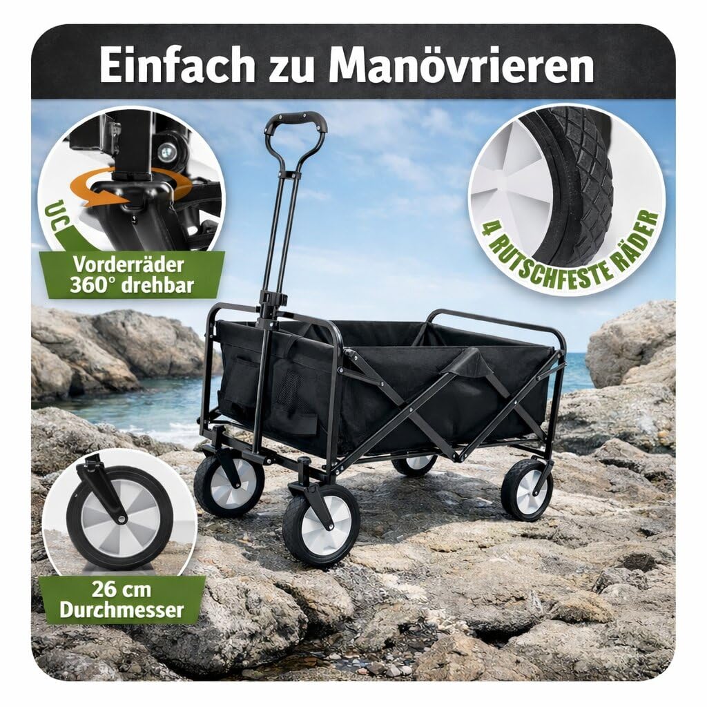BigDean Bollerwagen faltbar 105L bis 100 kg belastbar klappbarer Handwagen | mit ausziehbarer Deichsel & Netztaschen – Bollerwagen faltbar Kinder Faltbarer Bollerwagen