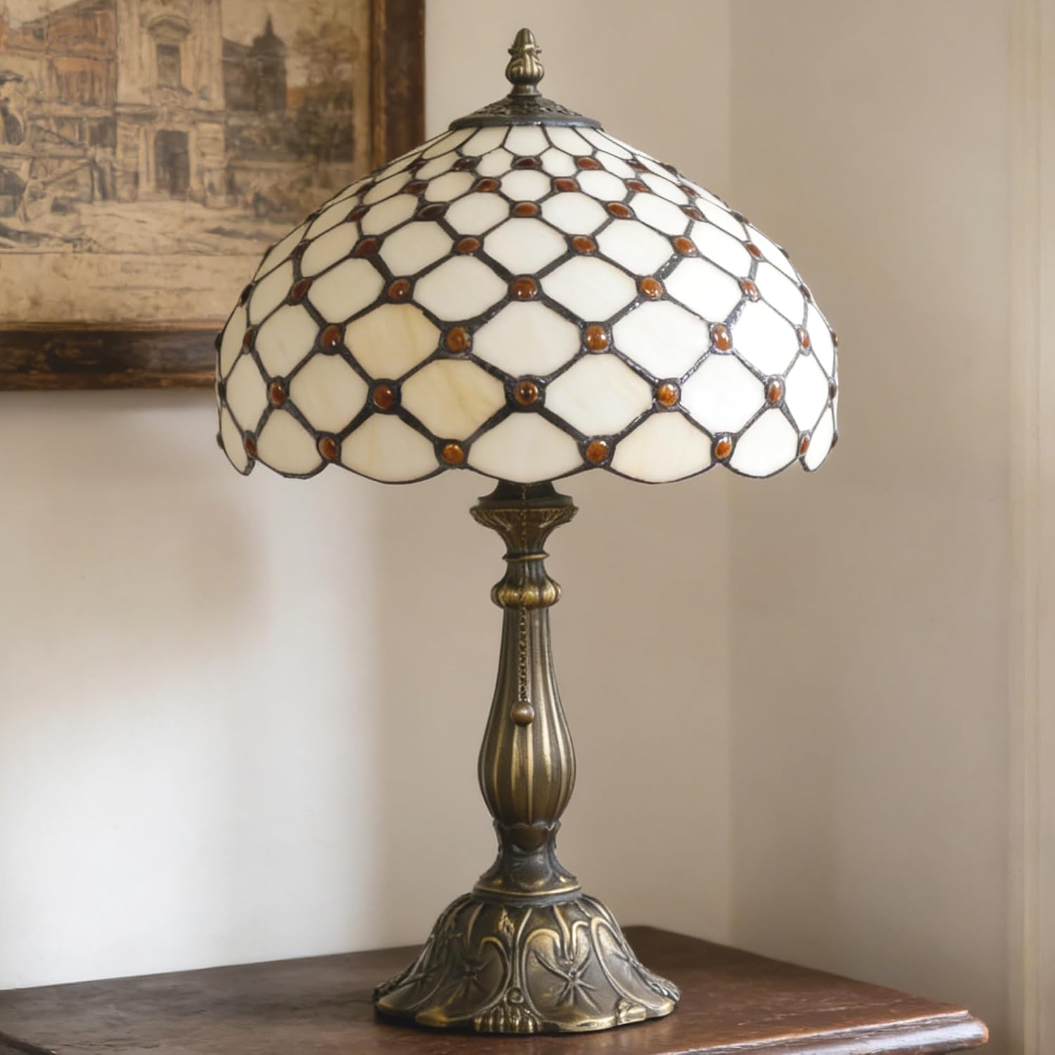 Tiffany Lamp Stained Glass Table Lamp Antique Bedside Reading Light W12H19 Inches (Cream Amber Pearl)