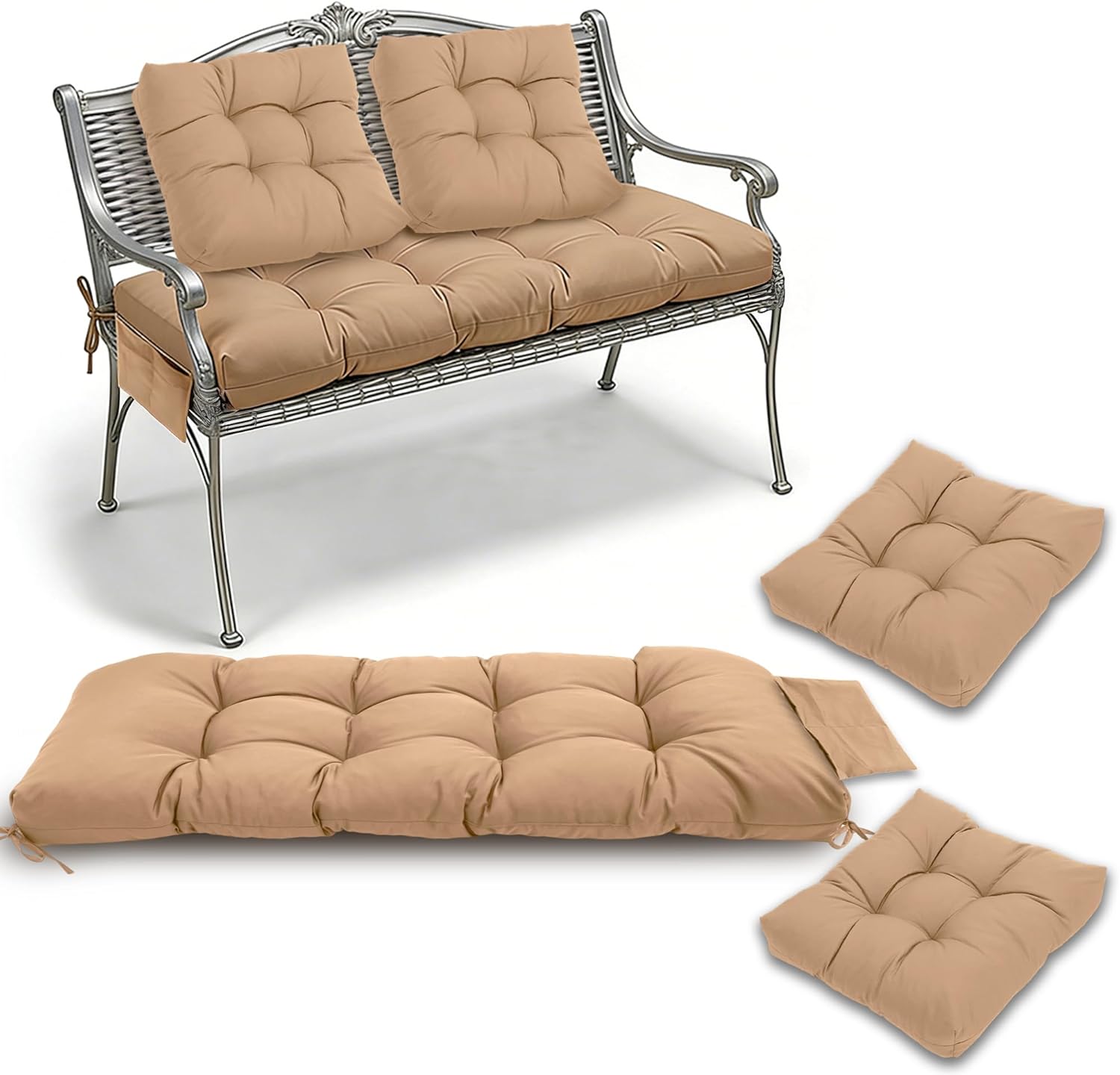 3 Pcs Patio Loveseat Chaise Cushion Set - 1200D 47x19*4 Inch Waterproof Wicker Bench Cushions with 2 19x19x4 Inch Chair Cushions for Garden Porch Wicker Patio Furniture(Khaki)