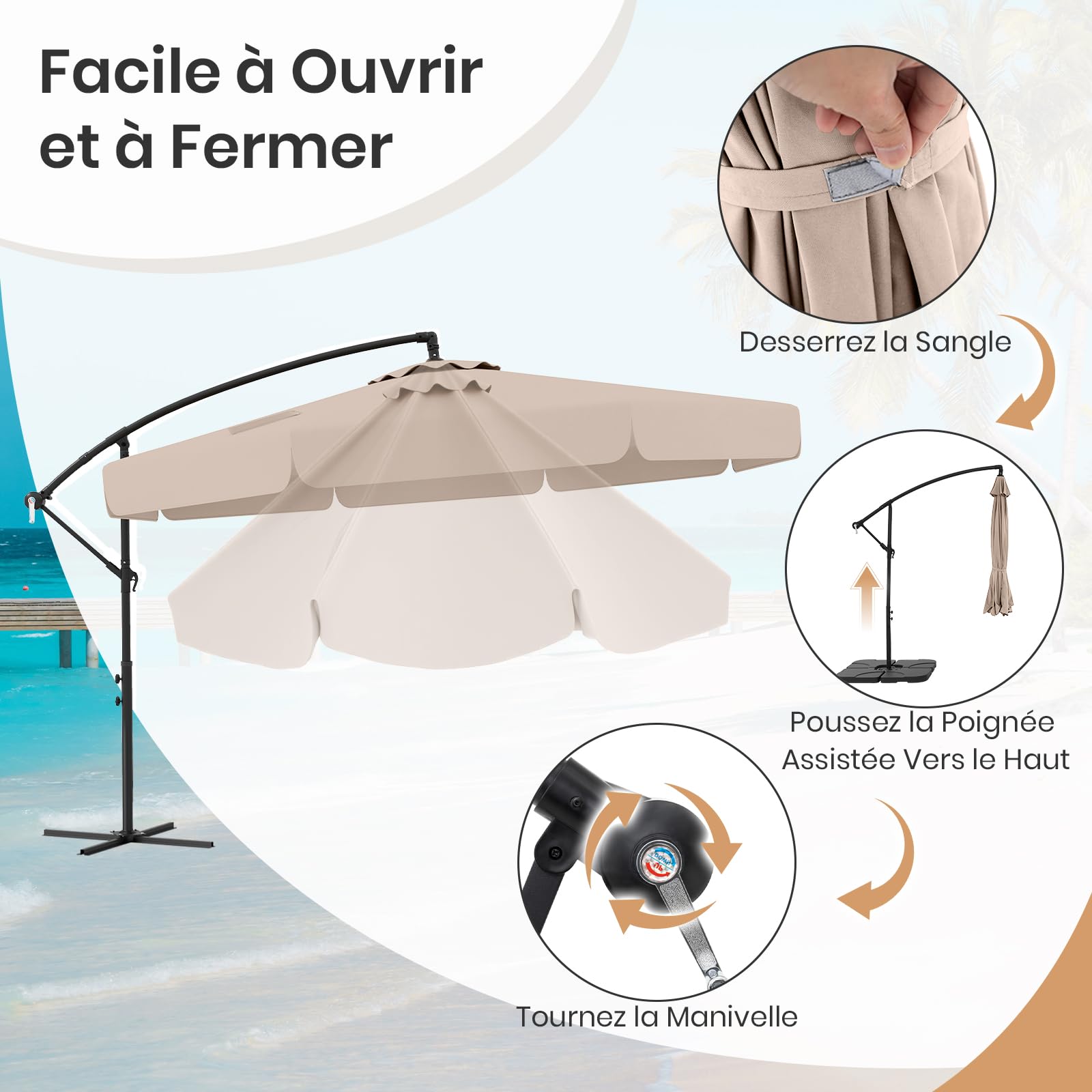 GOPLUS Parasol Déporté 3x3m avec Housse, Grand Parasol de Jardin Exterieur, avec Toile Inclinable 35°, Manivelle et 8 Baleines, pour Terrasse Balcon Patio (Beige)