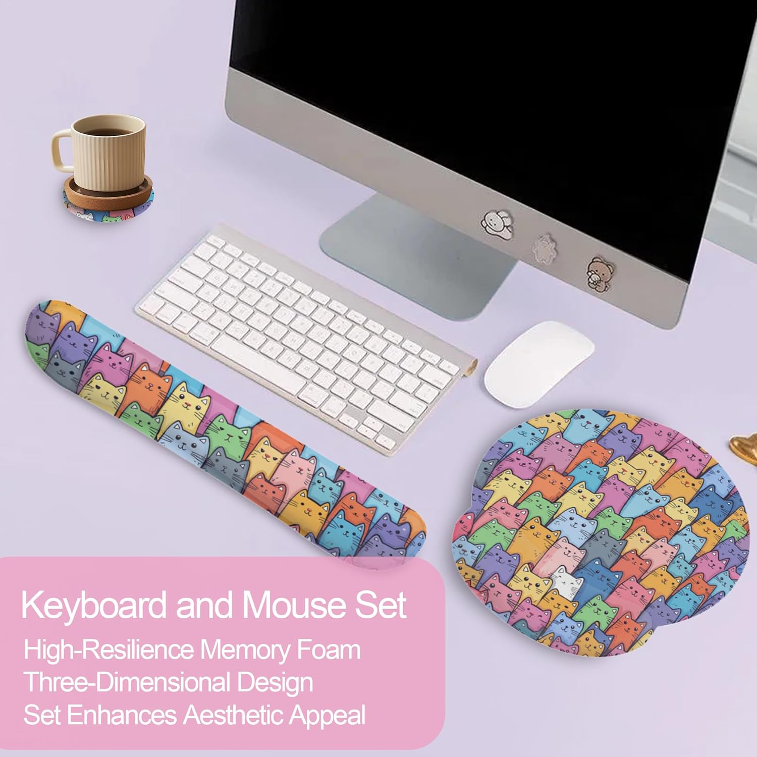 Cute Cat Mouse Pad with Wrist Rest Set, 3-in-1 Wrist Support Mousepad Set, Gaming Mat Pad with Anti-Skid Base,Ergonomic Memory Foam Mouse Pad Set for Women, Office, Typing, Gaming - Image 3