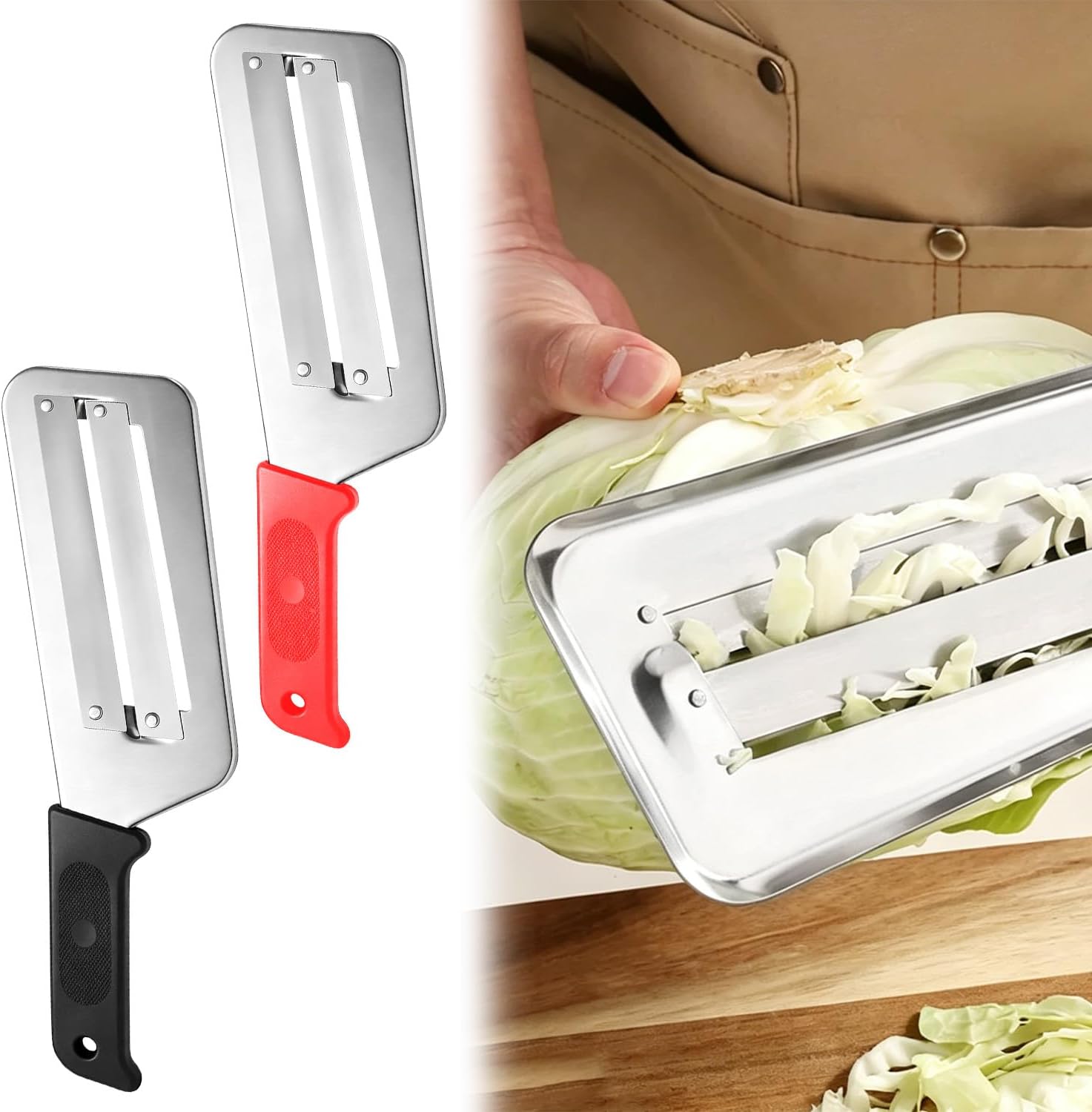 Cabbage Shredder for Coleslaw, Stainless Steel Double Blade Vegetable Slicer, Handheld Mandoline Chopper for Lettuce Cucumber Carrot, Kitchen Grater for Sauerkraut Kimchi (2 Pack Black + Red)