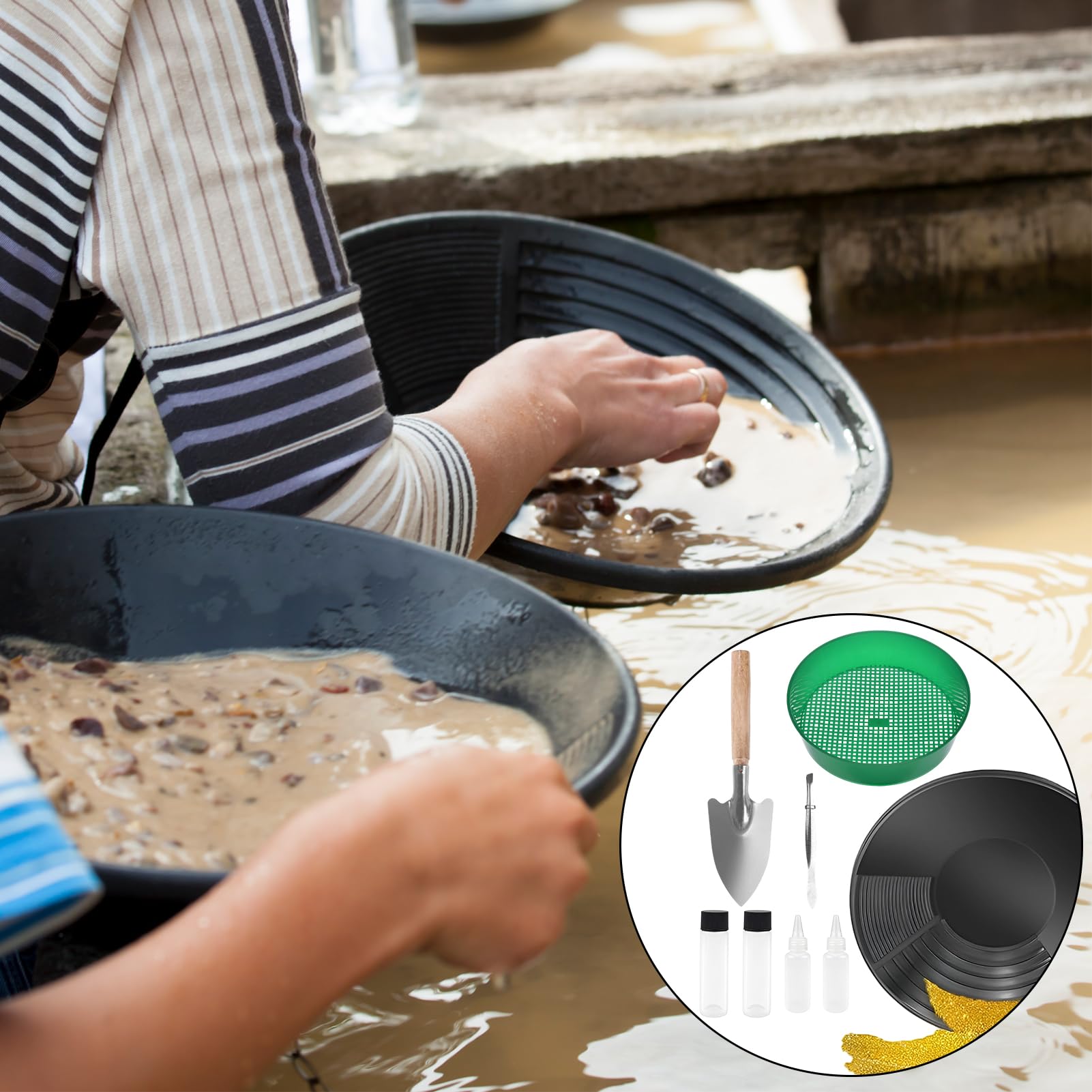 Setaccio per Oro Strumenti di Estrazione d'oro Set completo di Grondaie per Bucato Dorato, 38,5 cm