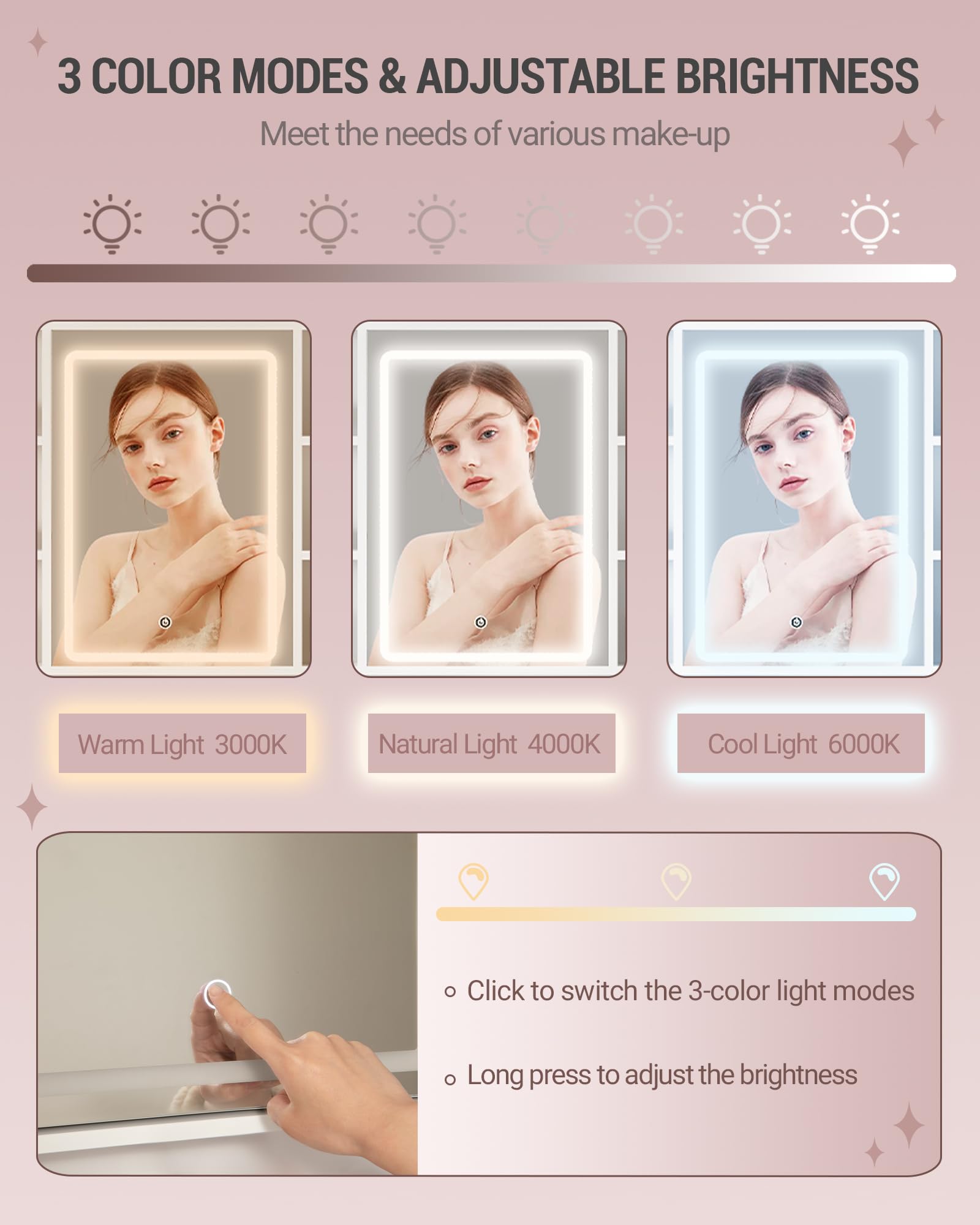 Hzuaneri Toeletta da Trucco, Ampio Piano d'appoggio con Specchio e Luce LED Regolabile, 3 Cassetti e 1 Armadietto, Ripiani Aperti a Più Livelli, per Camera da Letto, Guardaroba, Bianco DT39103X