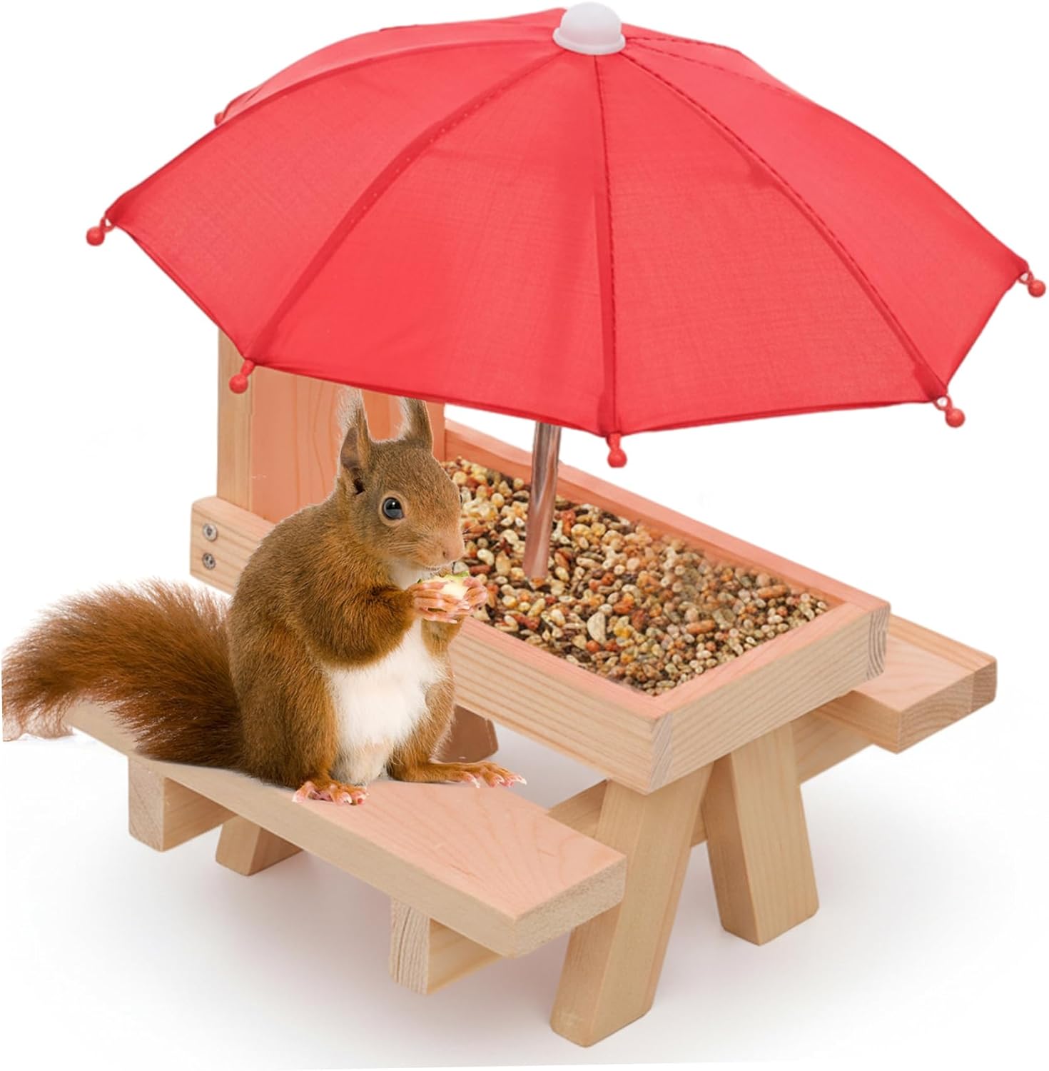 Squirrel Picnic Table Feeder, Handcrafted Wooden Squirrel House with Umbrella Weather-Resistant Chipmunk Feeder for Corn Cobs & Nut, Enchanting Outdoor Decor