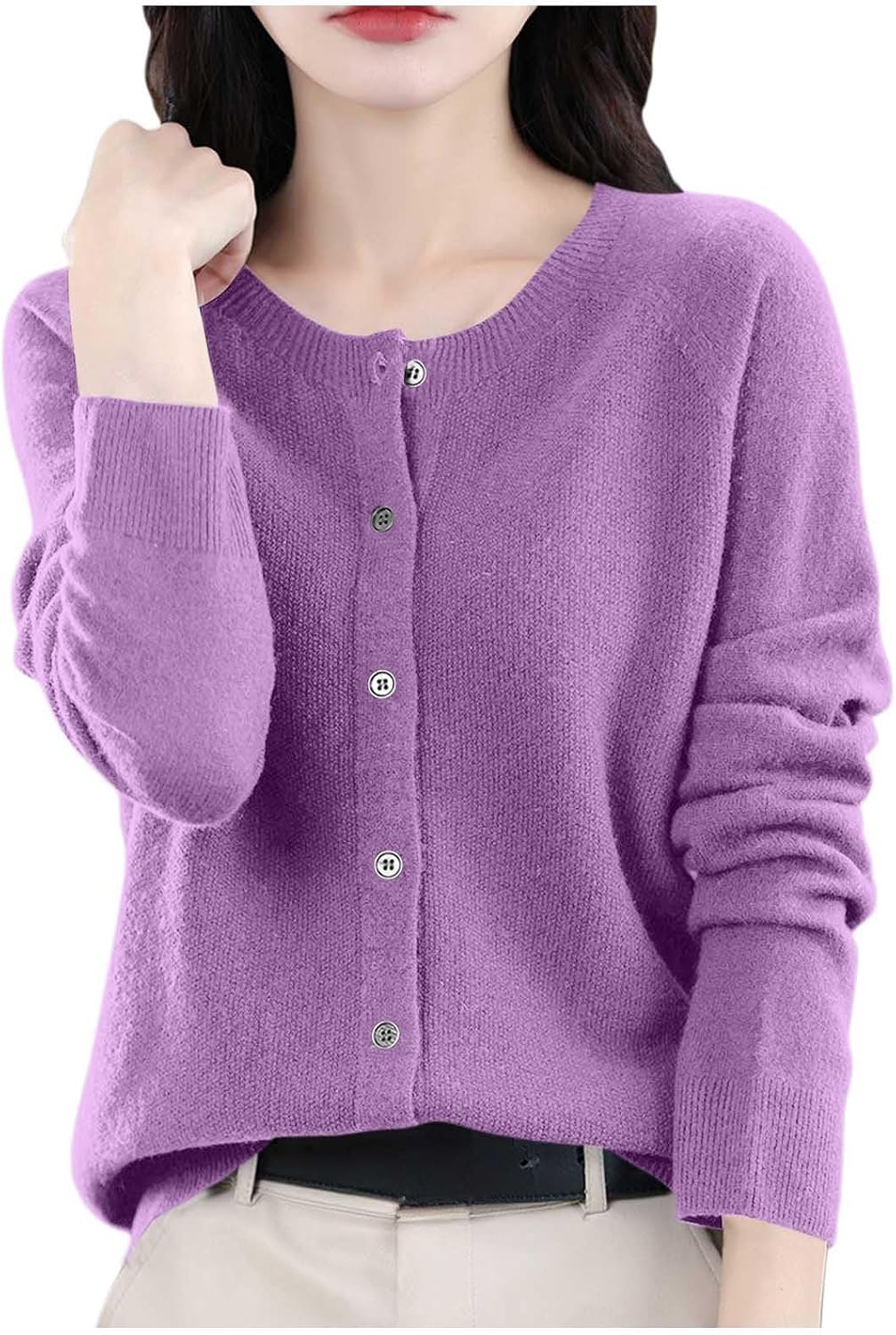 Women's Casual Raglan Sleeve Sweater - Button-Down Crew Neck Pullover Knit Top, Relaxed Fit Fashion Cashmere Sweater
