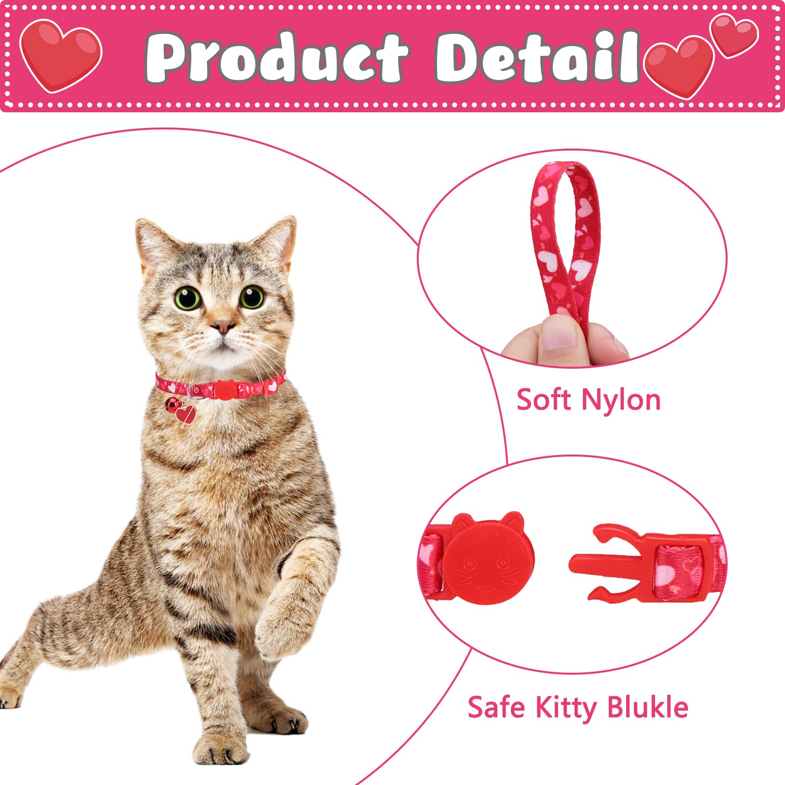 Collares de gato Breakaway para el día de San Valentín, collares ajustables para gatitos con campana y bonitos colgantes, decoración para niñas, niños, gatos, cachorros y mascotas pequeñas